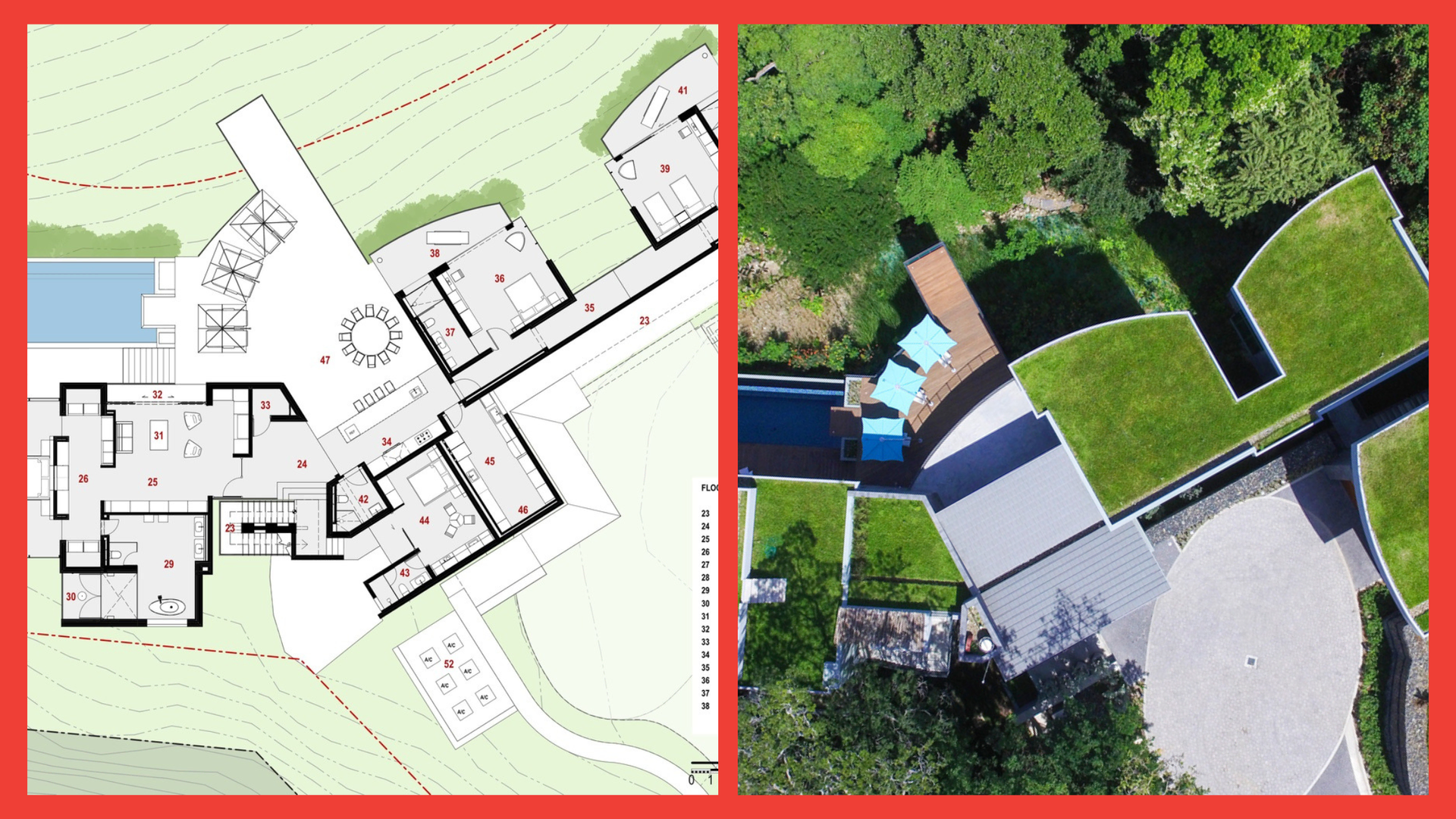 A floor plan and an aerial view of a house