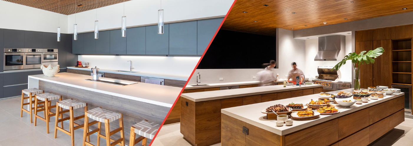 A kitchen with a long island and a buffet table. Sarco Architects Luxury Home in Costa Rica