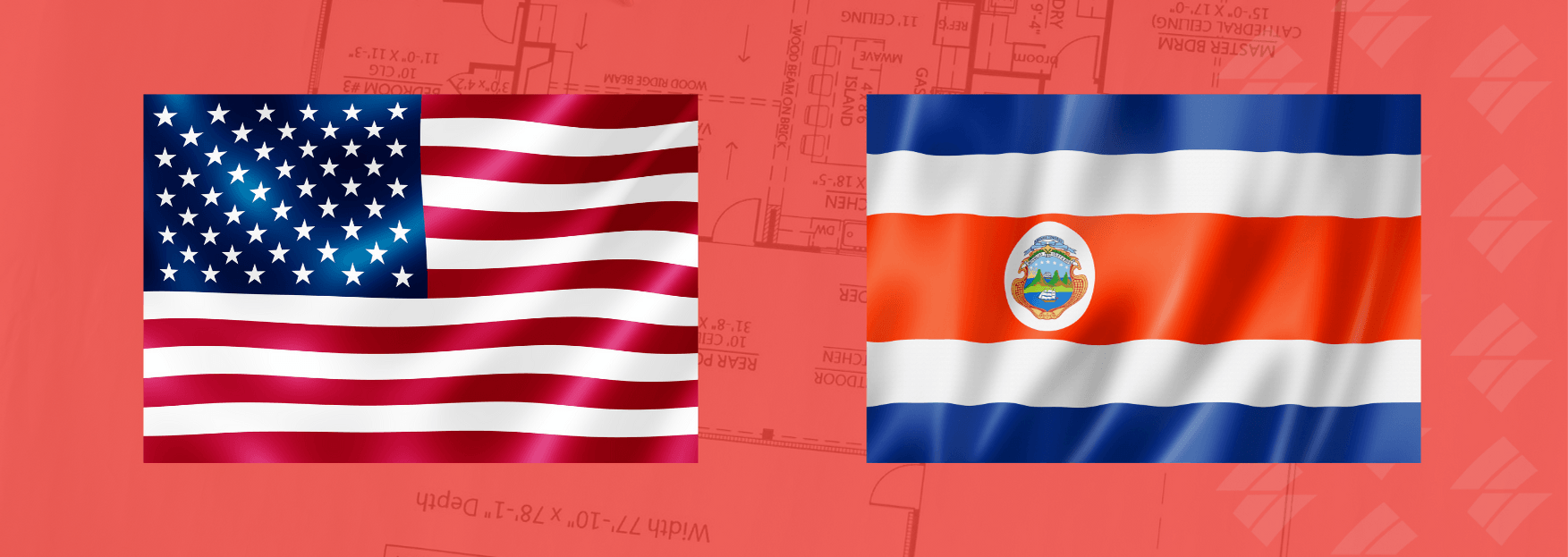 an american flag and a costa rican flag on a red background