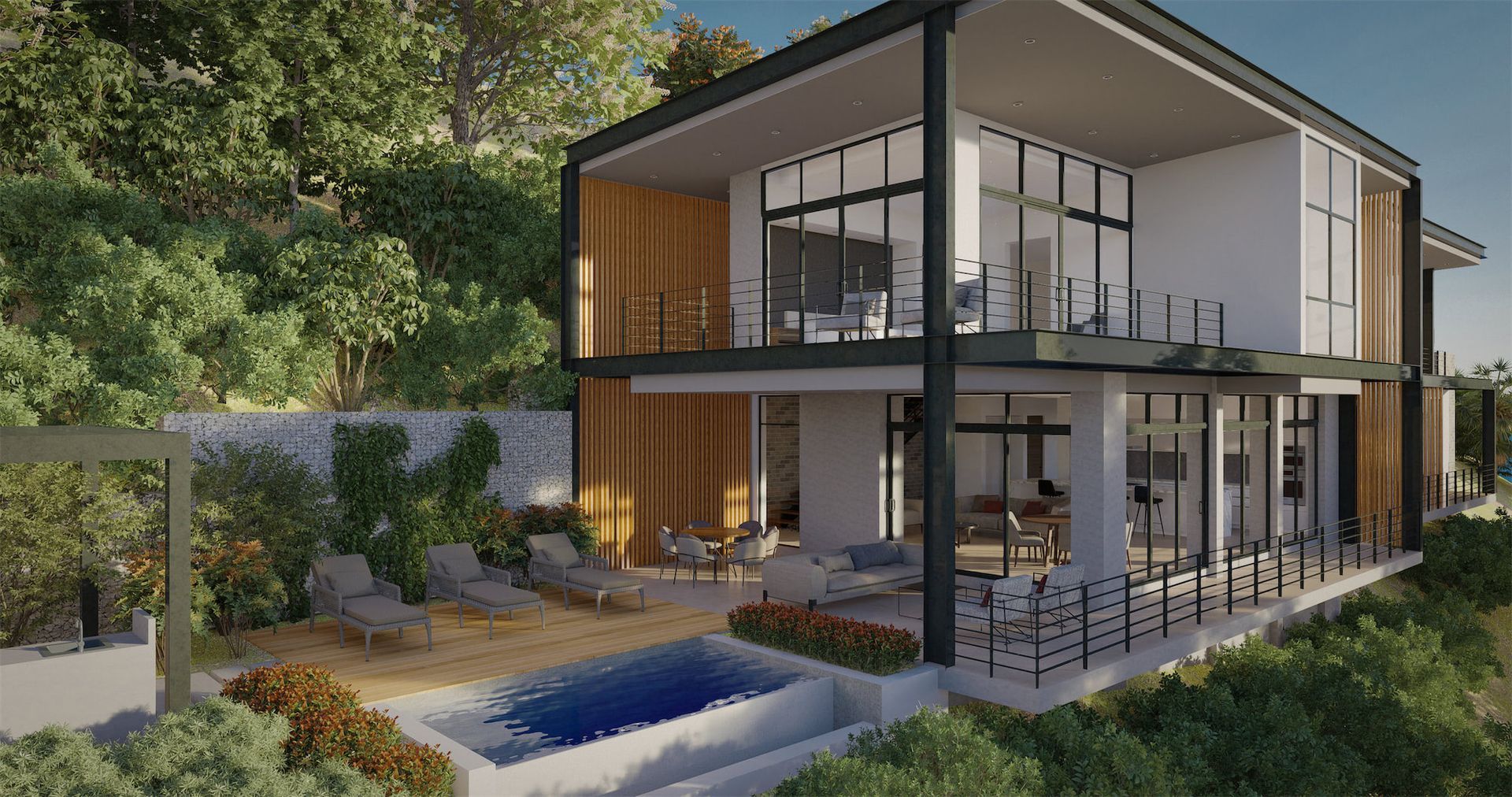 A rendering of a modern Luxury house with a pool in the backyard. Sarco Architects Luxury Home in Costa Rica
