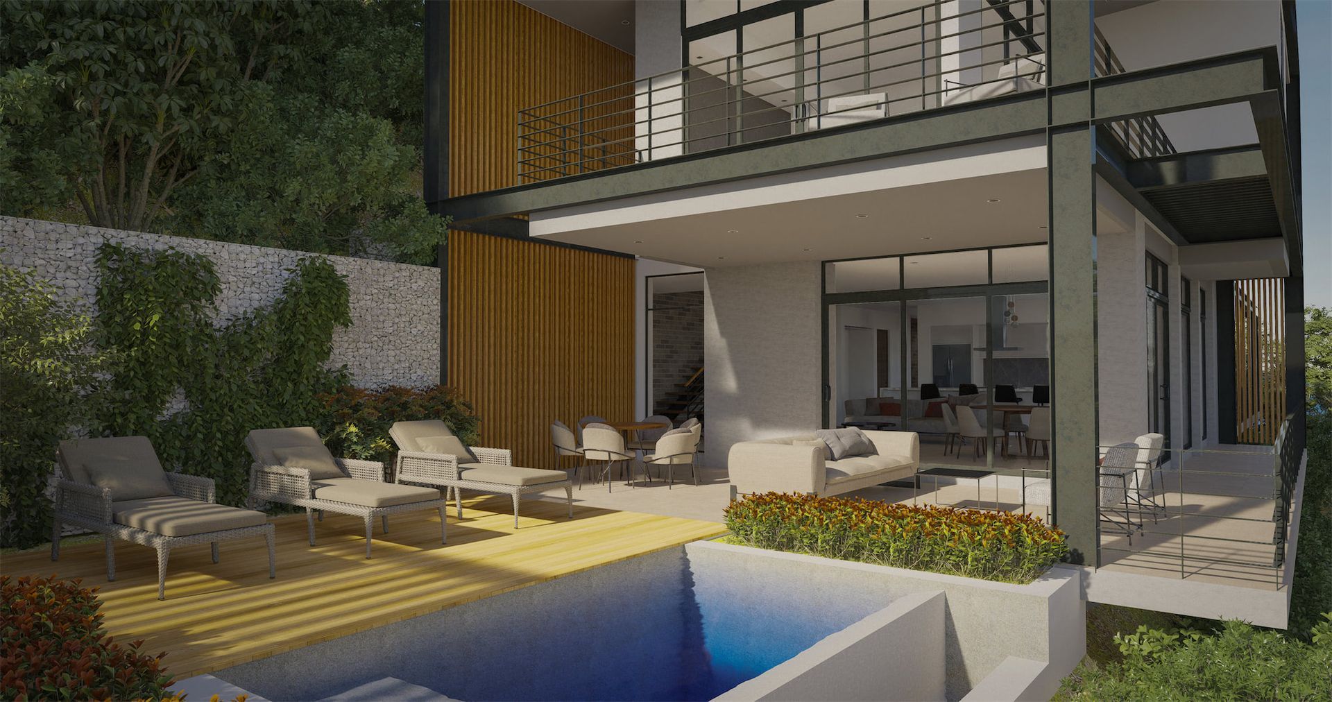 A rendering of a modern house with a swimming pool. Sarco Architects Luxury Home in Costa Rica