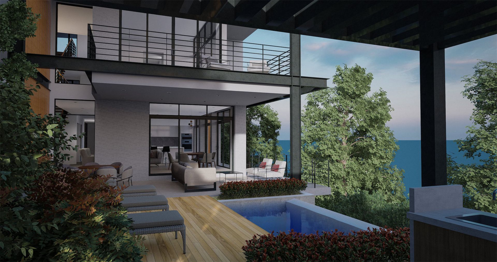 A render of a house with a swimming pool and a view of the ocean. Sarco Architects Luxury Home in Costa Rica