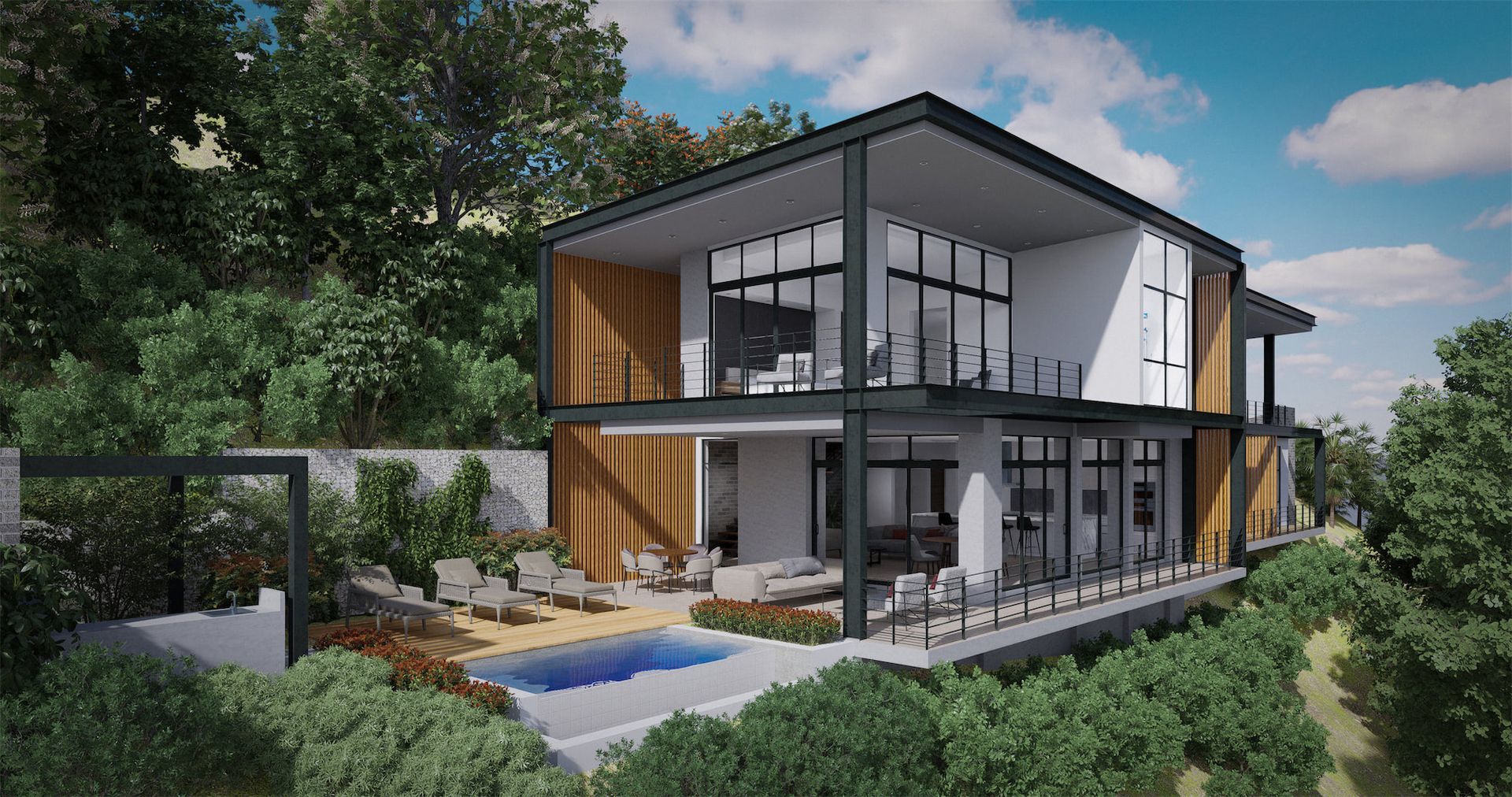A rendering of a modern house with a swimming pool surrounded by trees. Sarco Architects Luxury Home in Costa Rica