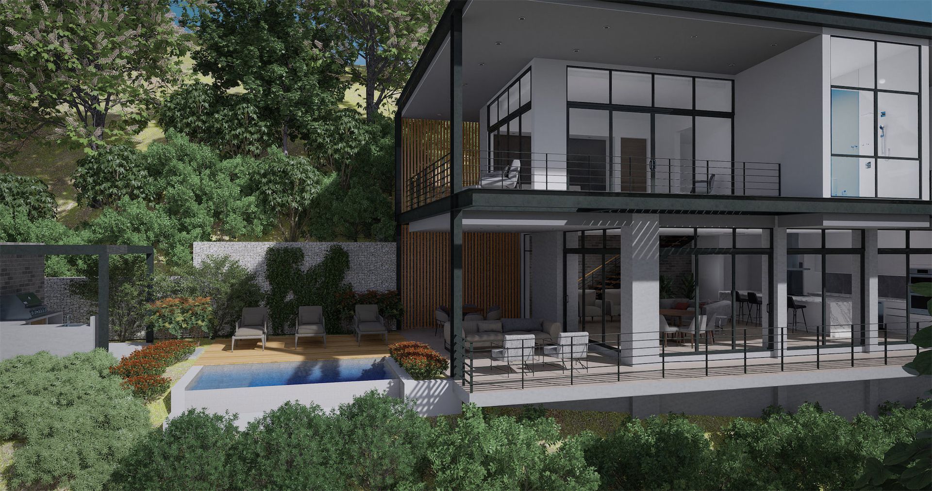 A Render of a modern luxury house with a swimming pool. Sarco Architects Luxury Home in Costa Rica
