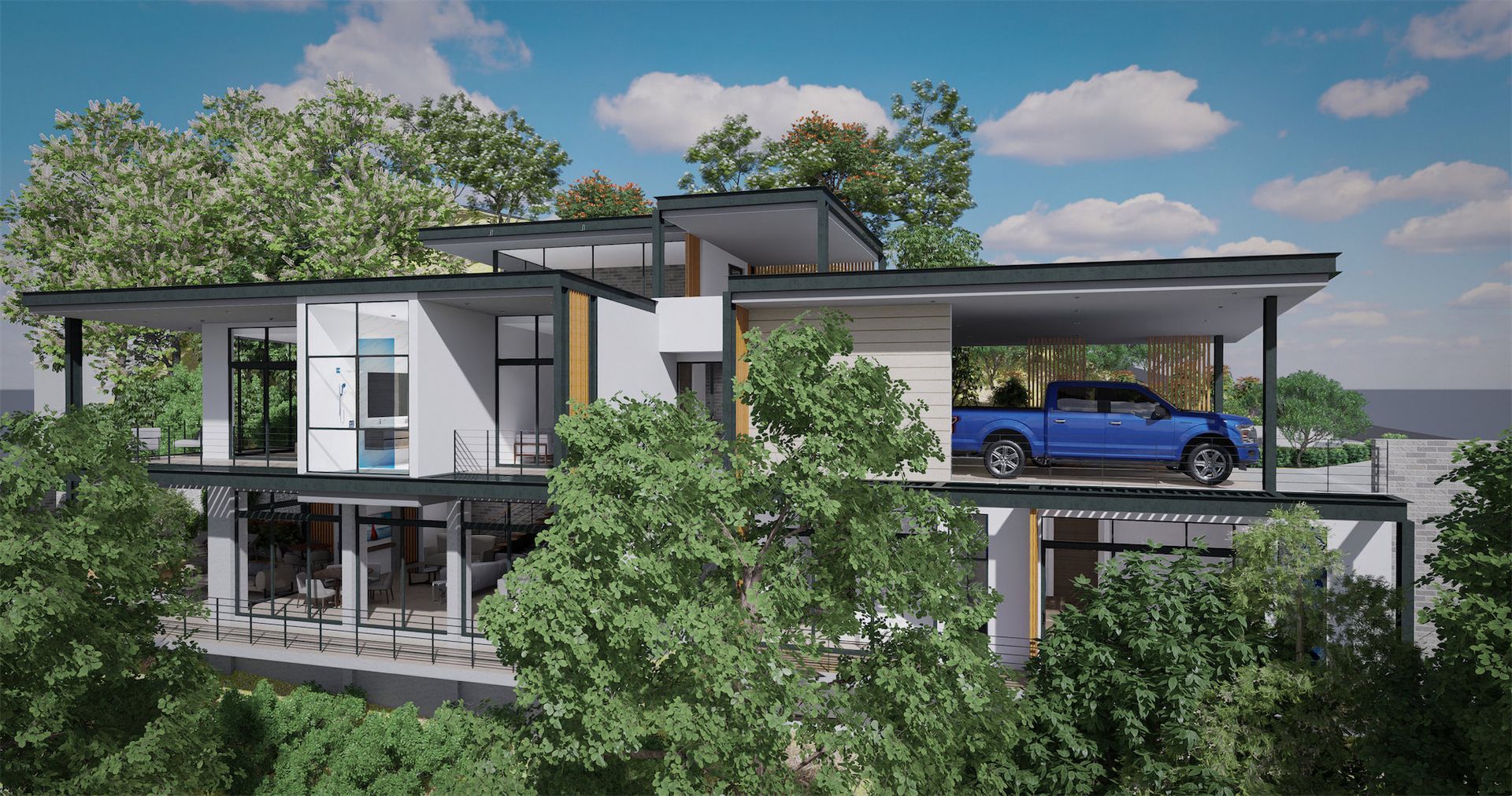A render of a modern house with a blue truck parked underneath it. Sarco Architects Luxury Home in Costa Rica