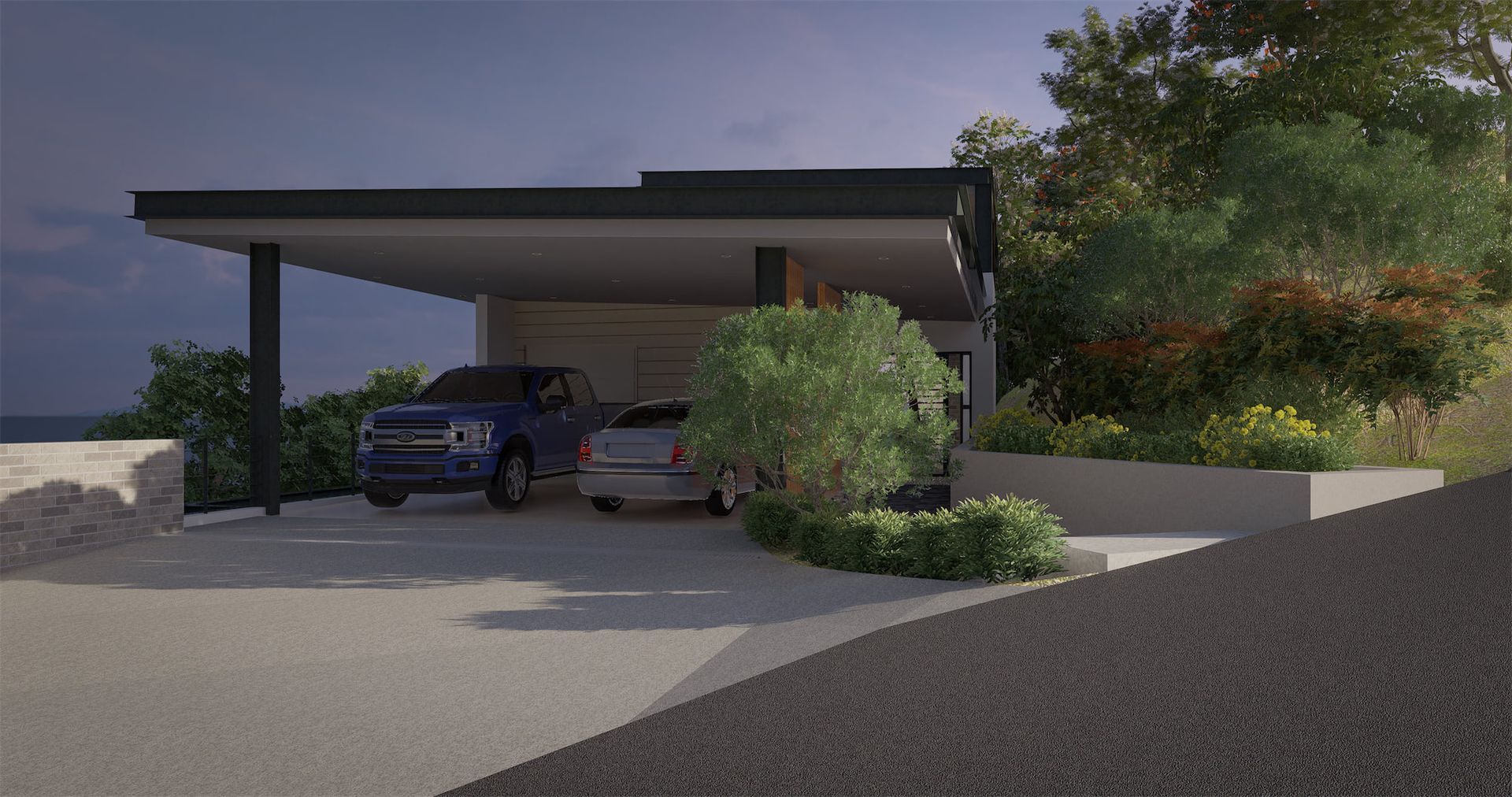 A car is parked under a canopy in front of a luxury house in costa rica. Sarco Architects Luxury Home in Costa Rica