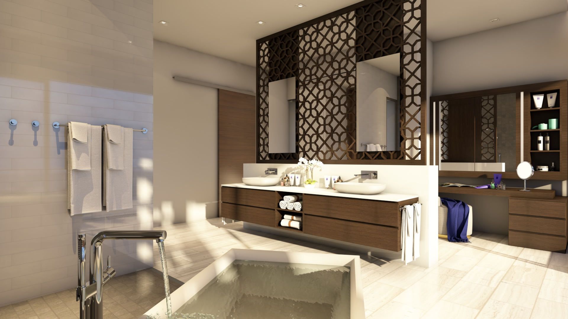 an artist 's impression of a bathroom with two sinks and a bathtub .