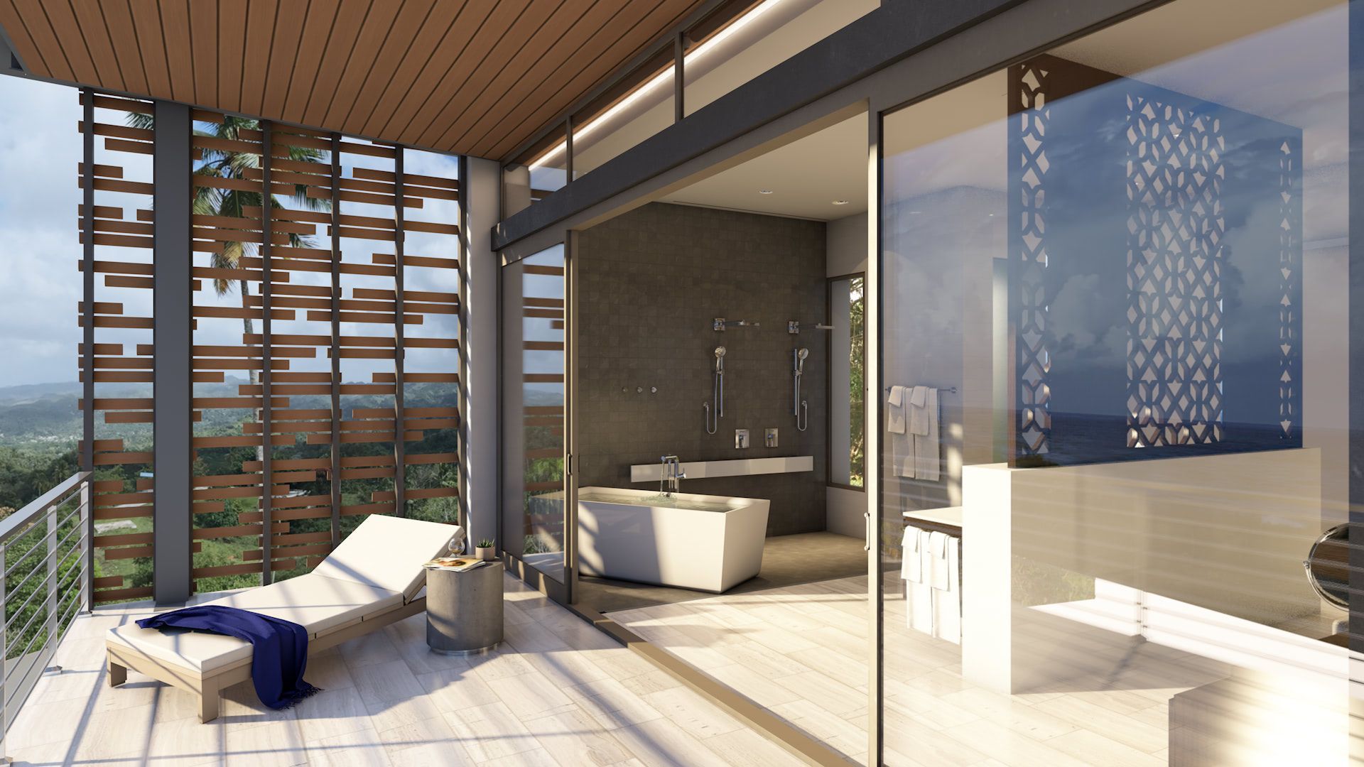 an artist 's impression of a balcony with a bathtub and a view of the ocean .