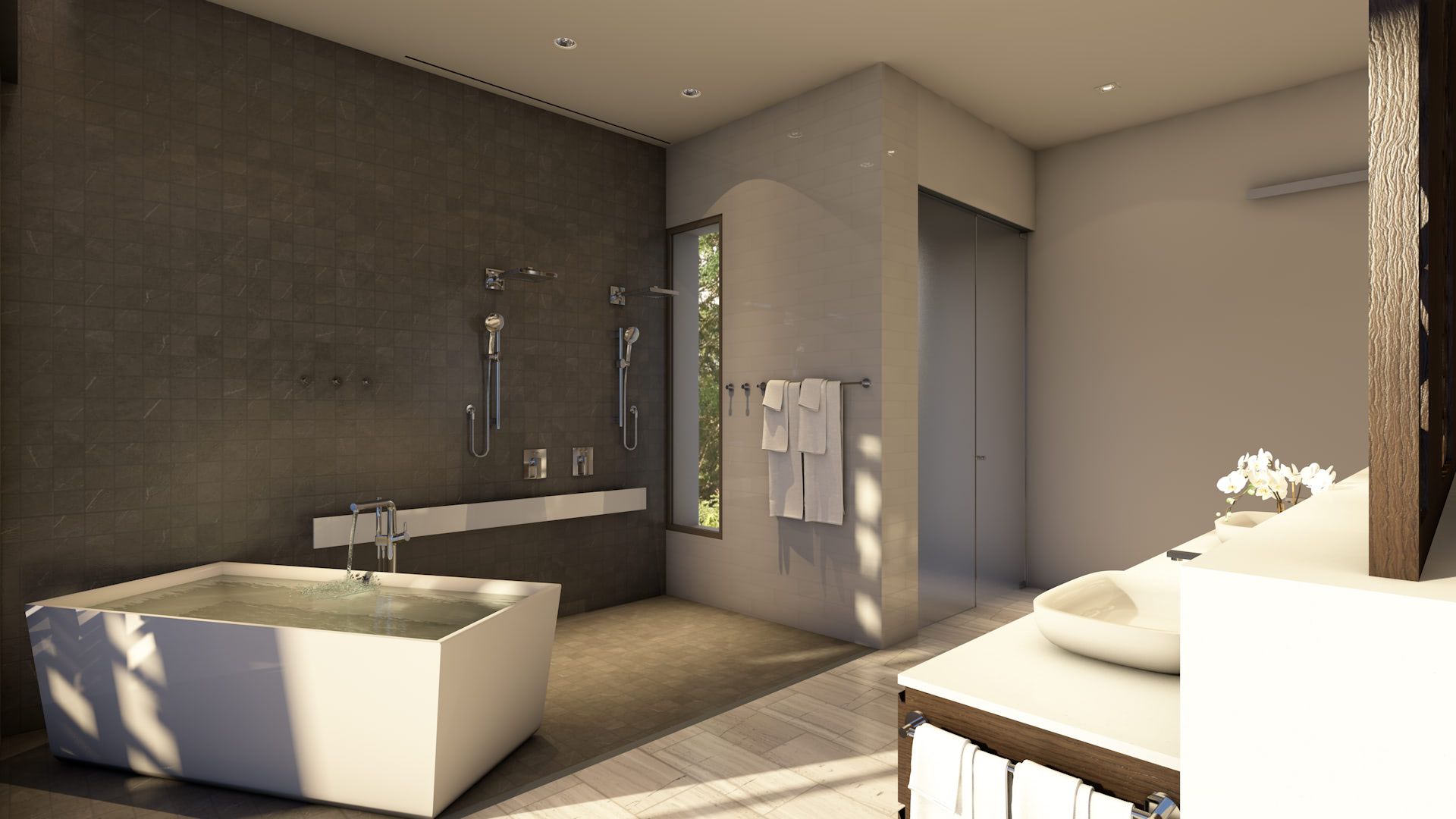 a bathroom with a bathtub , sink and shower .