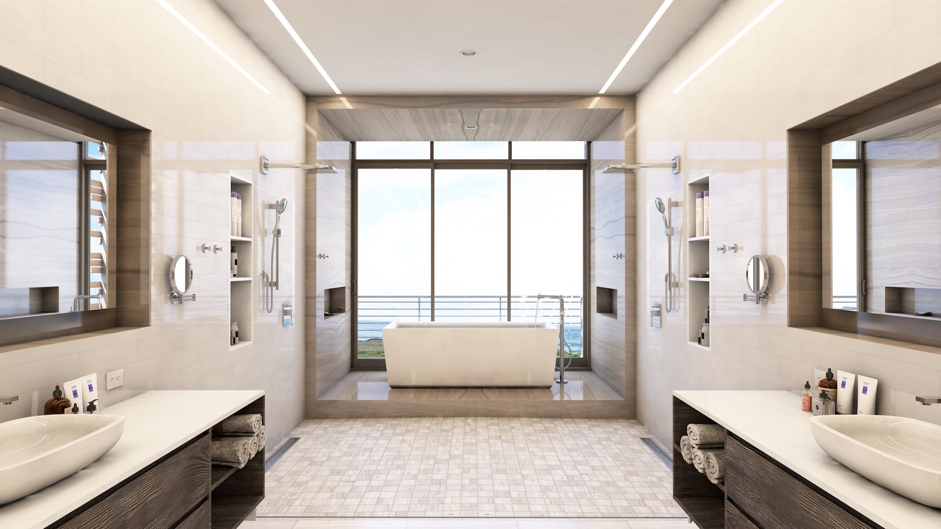 a bathroom with two sinks , a tub and a large window .