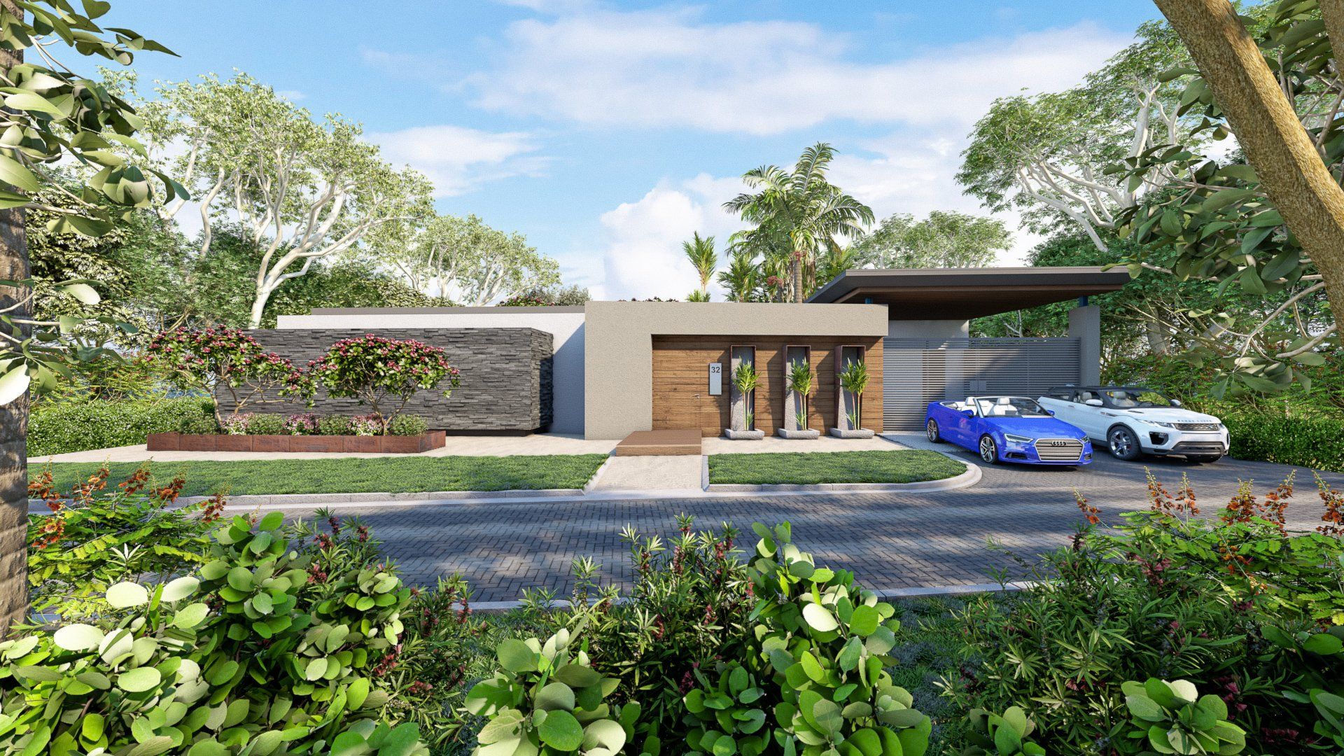 an artist 's impression of a modern house with two cars parked in front of it .
