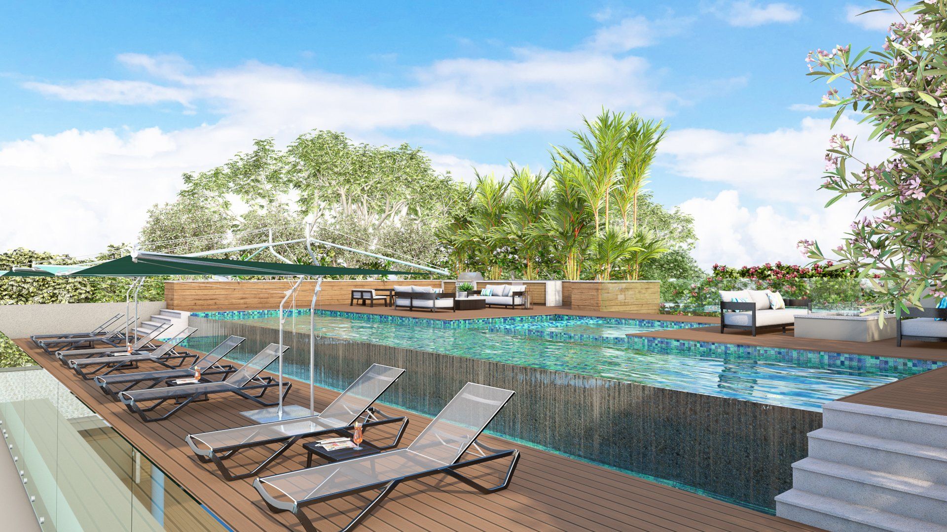 an artist 's impression of a swimming pool with lounge chairs and umbrellas .