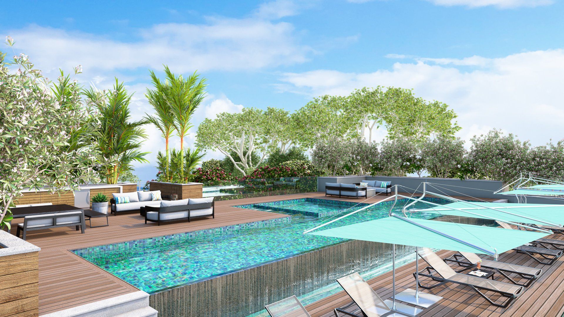 an artist 's impression of a large swimming pool surrounded by chairs and umbrellas .