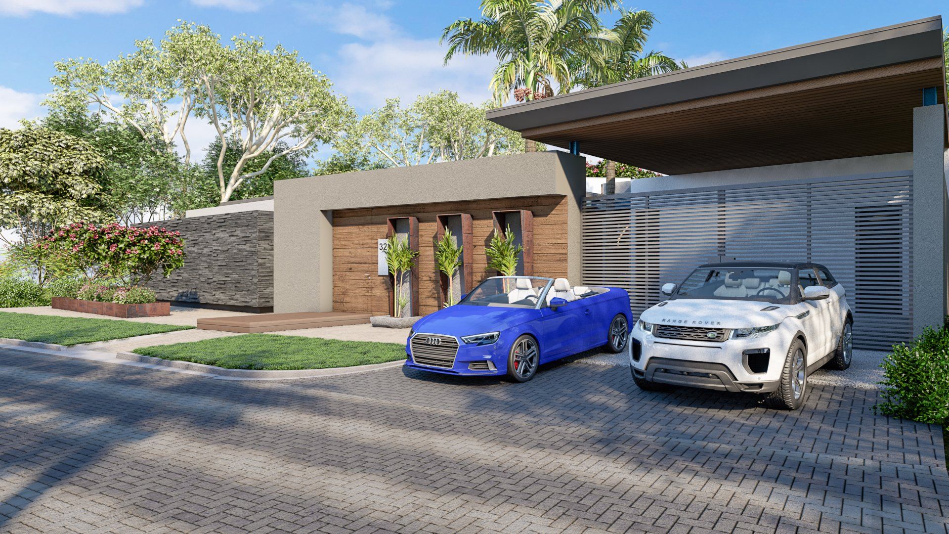 two cars are parked in front of a house .