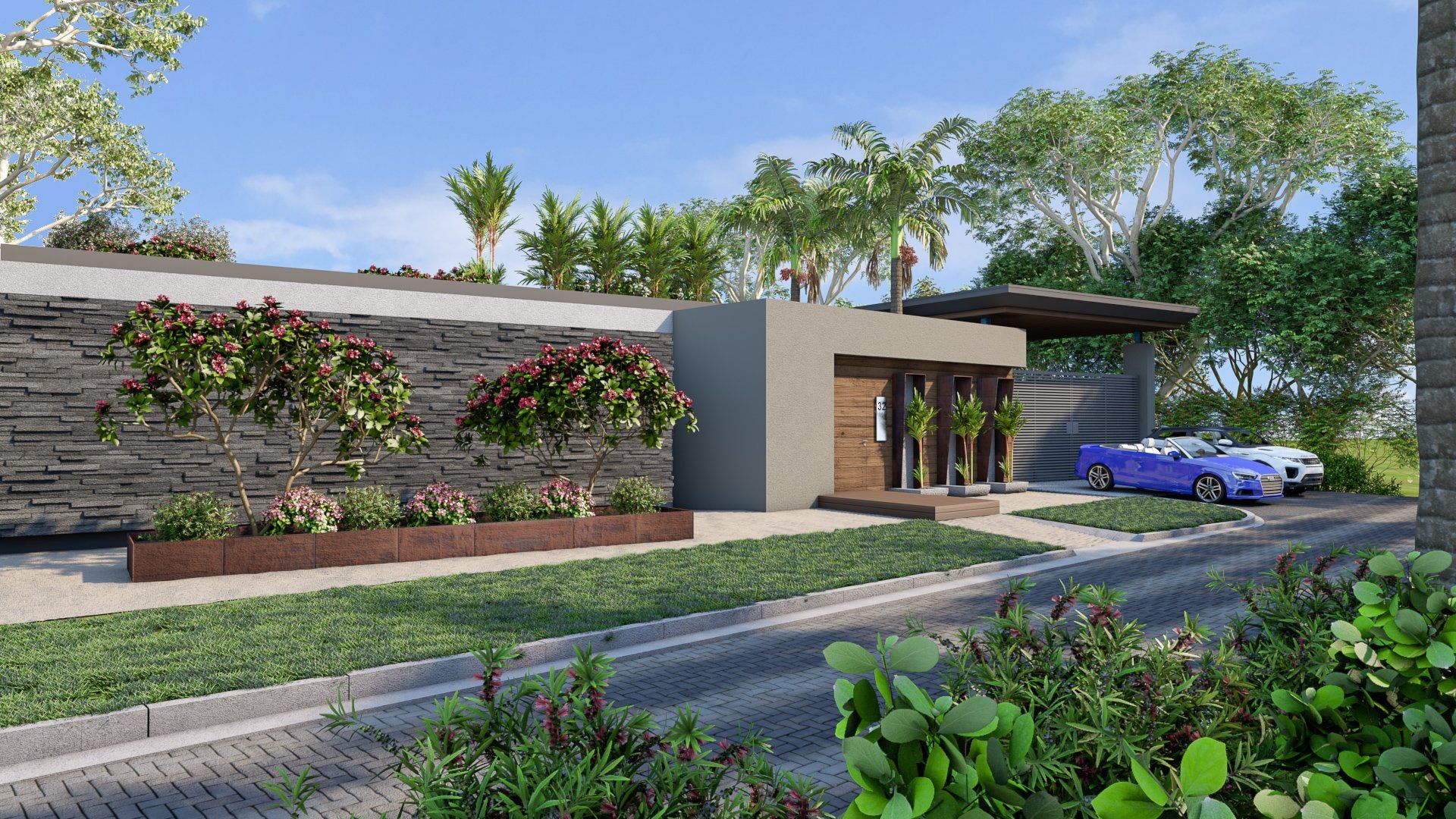 an artist 's impression of a modern house with a car parked in front of it .