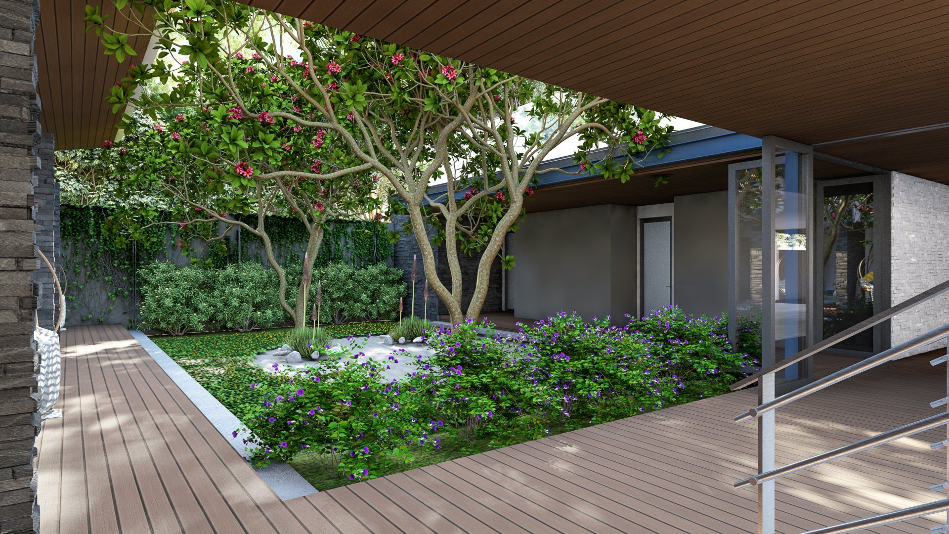 an artist 's impression of a courtyard with a tree and flowers .