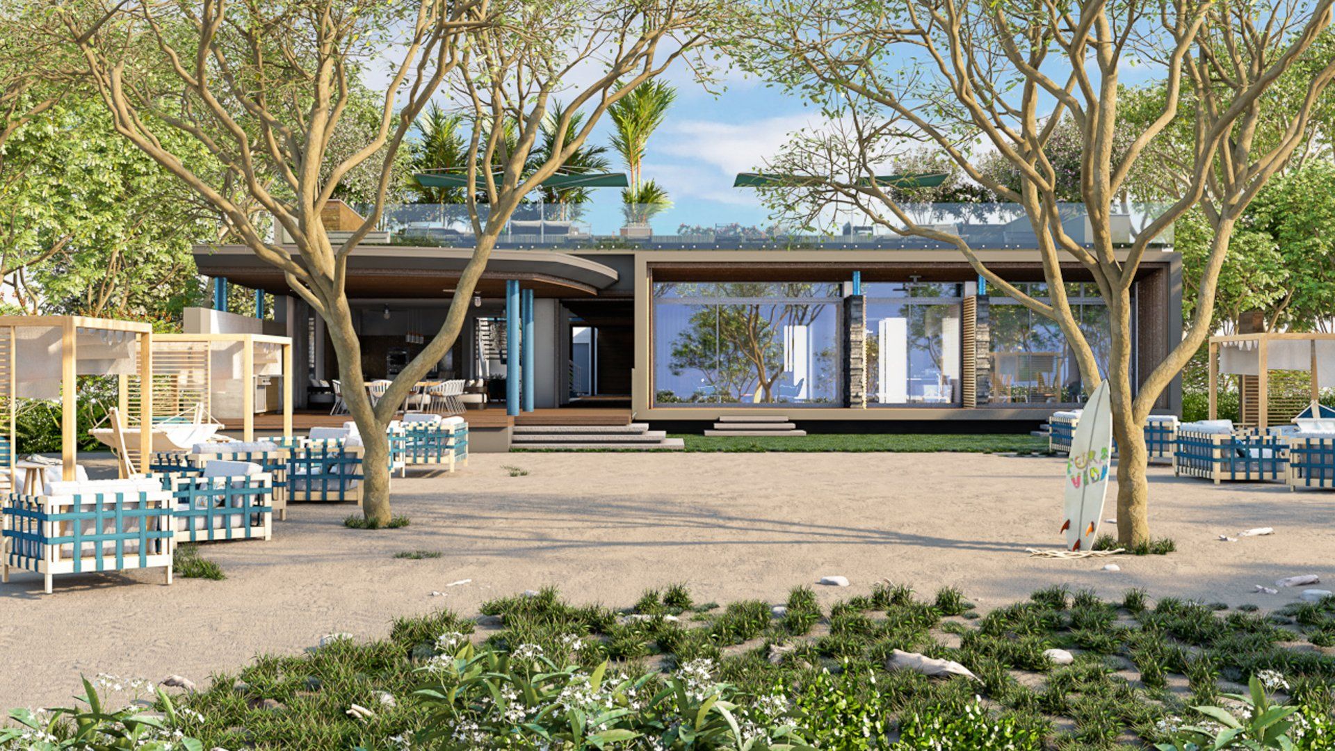 an artist 's impression of a modern house surrounded by trees .