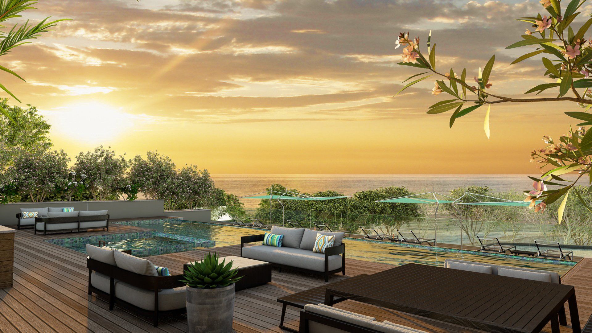 an artist 's impression of a patio with a view of the ocean at sunset .