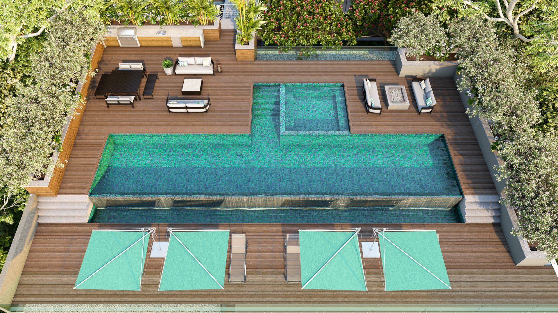 an aerial view of a large swimming pool on a wooden deck