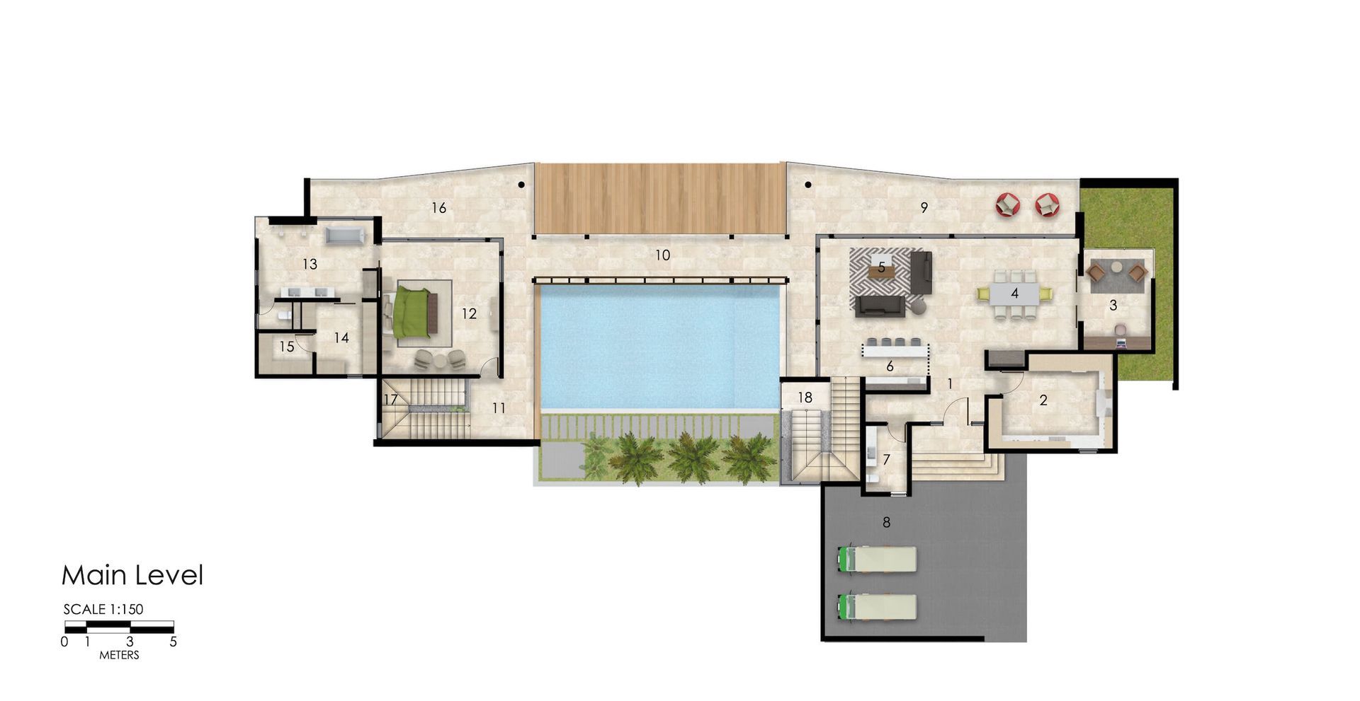 a floor plan of a house with a swimming pool