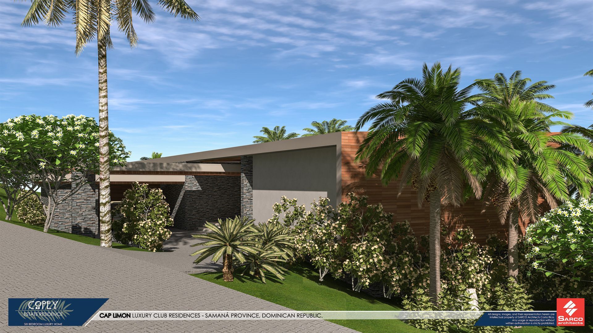 an artist 's impression of a house with palm trees in front of it .
