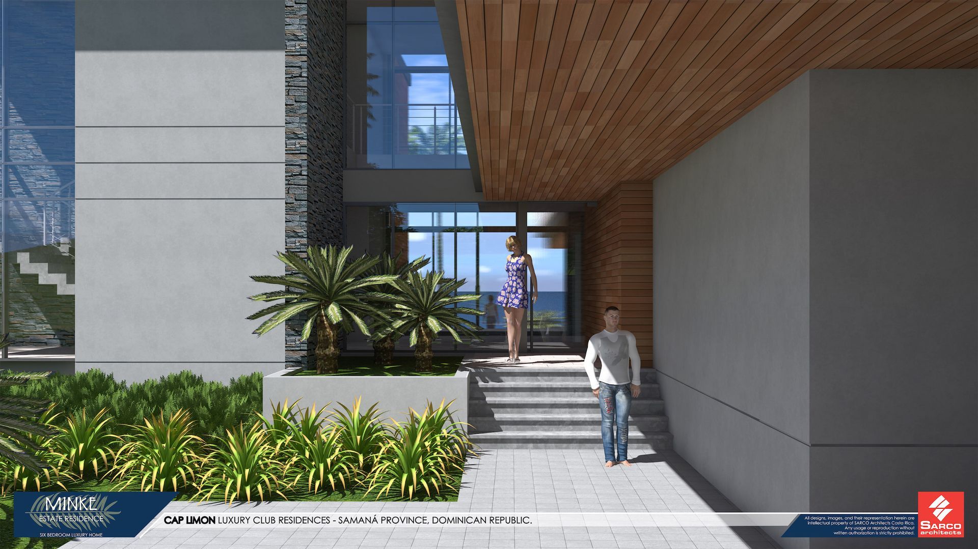 a man and a woman are walking down the stairs of a house .