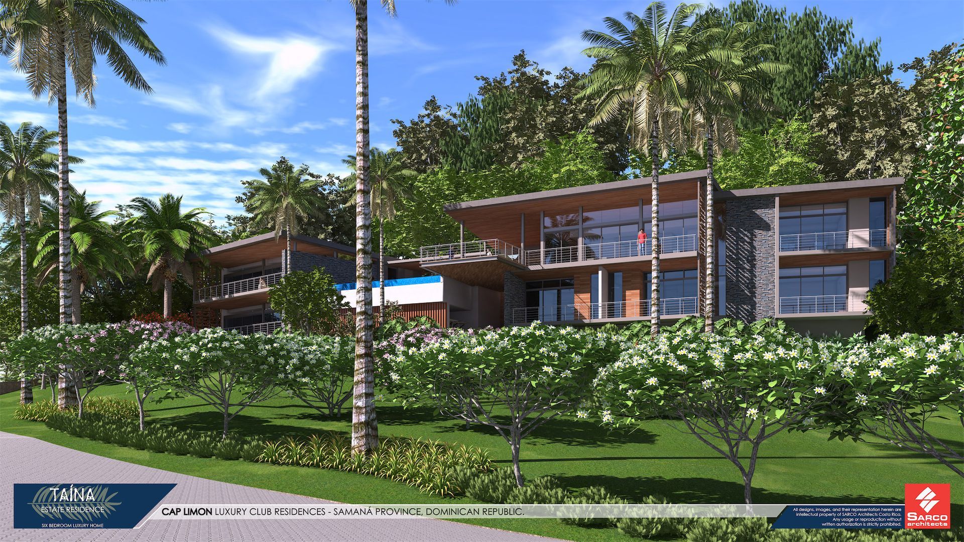 an artist 's impression of a large house surrounded by palm trees