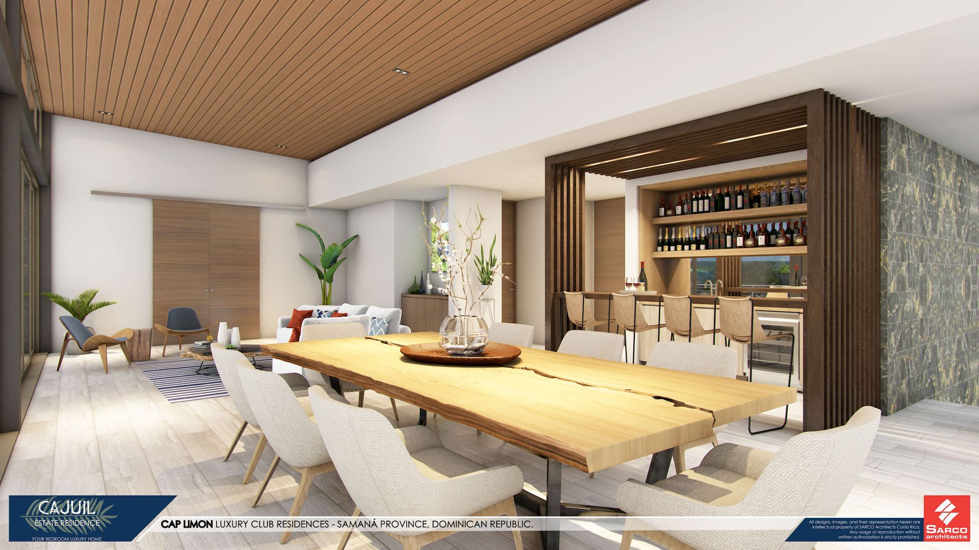 an artist 's impression of a dining room with a large wooden table and chairs .