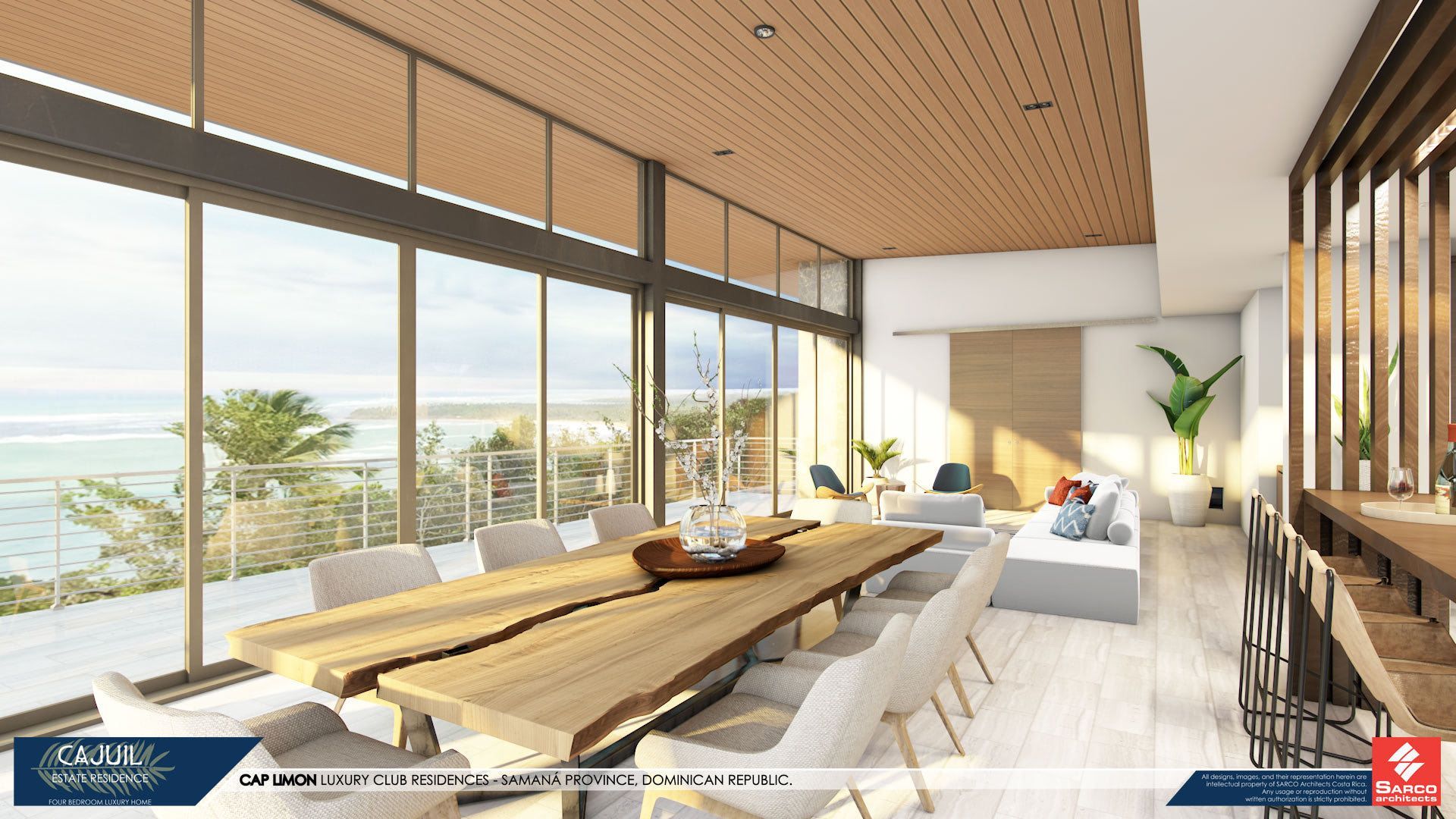 an artist 's impression of a dining room with a large wooden table and chairs .