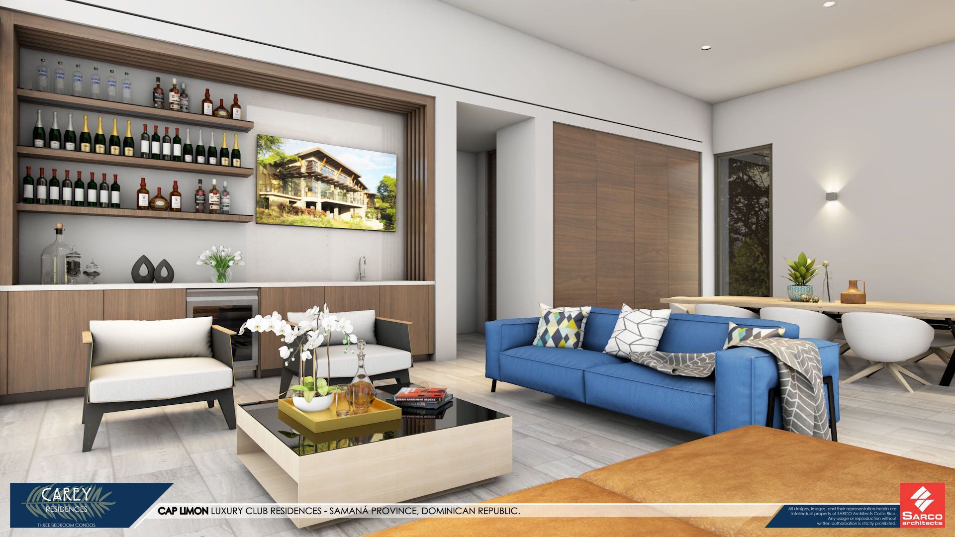 a living room with a blue couch and a white coffee table