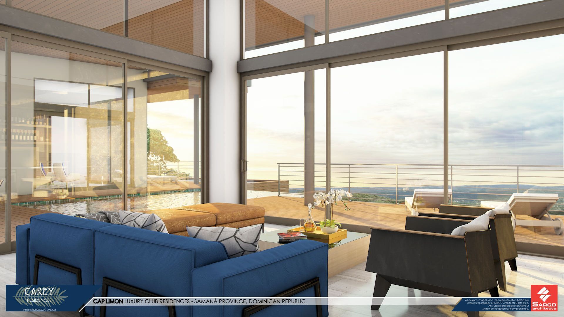 an artist 's impression of a living room with a blue couch and chairs