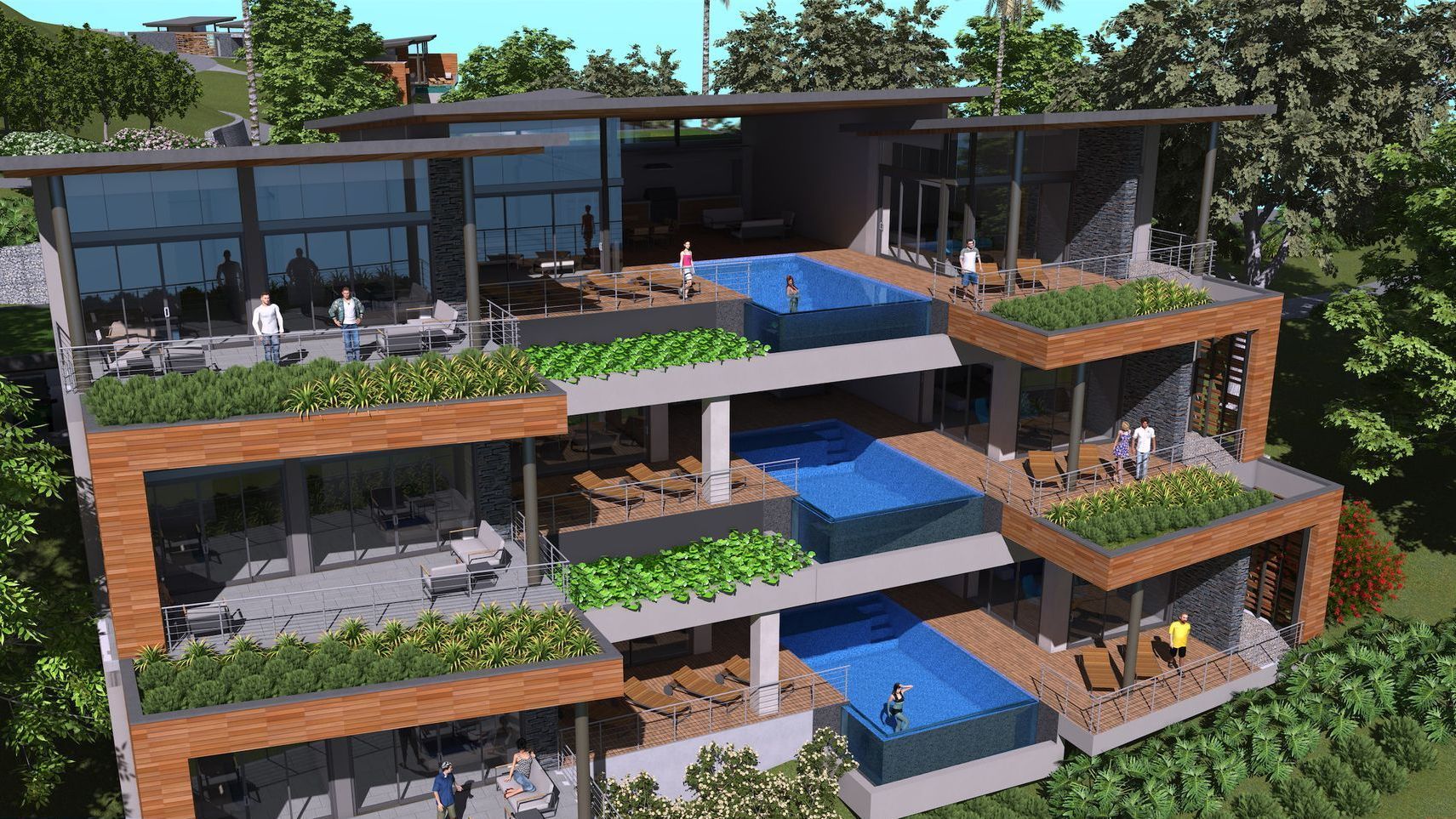 A rendering of the cap limon resort in costa rica with a swimming pool