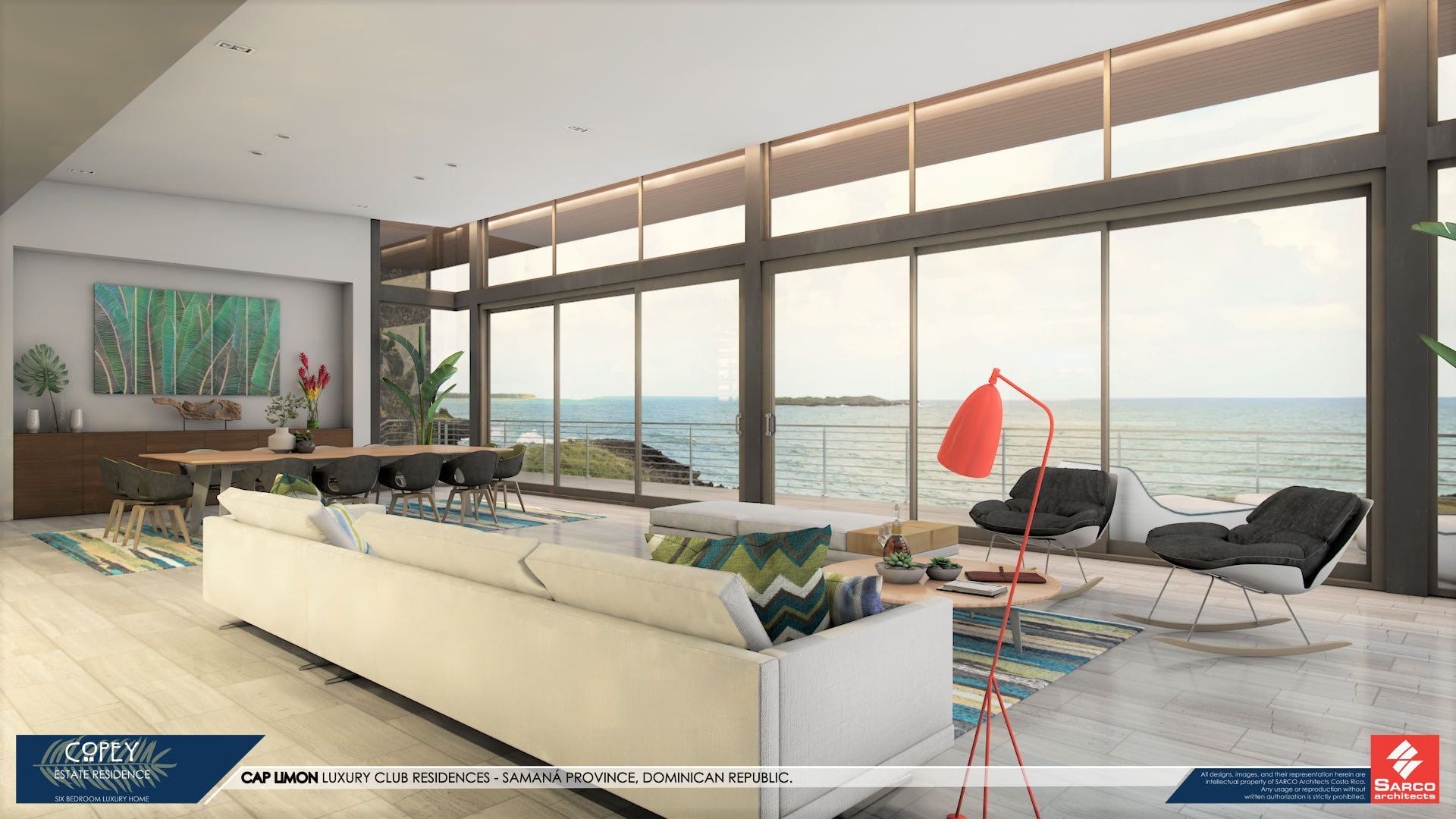 an artist 's impression of a living room with a view of the ocean .