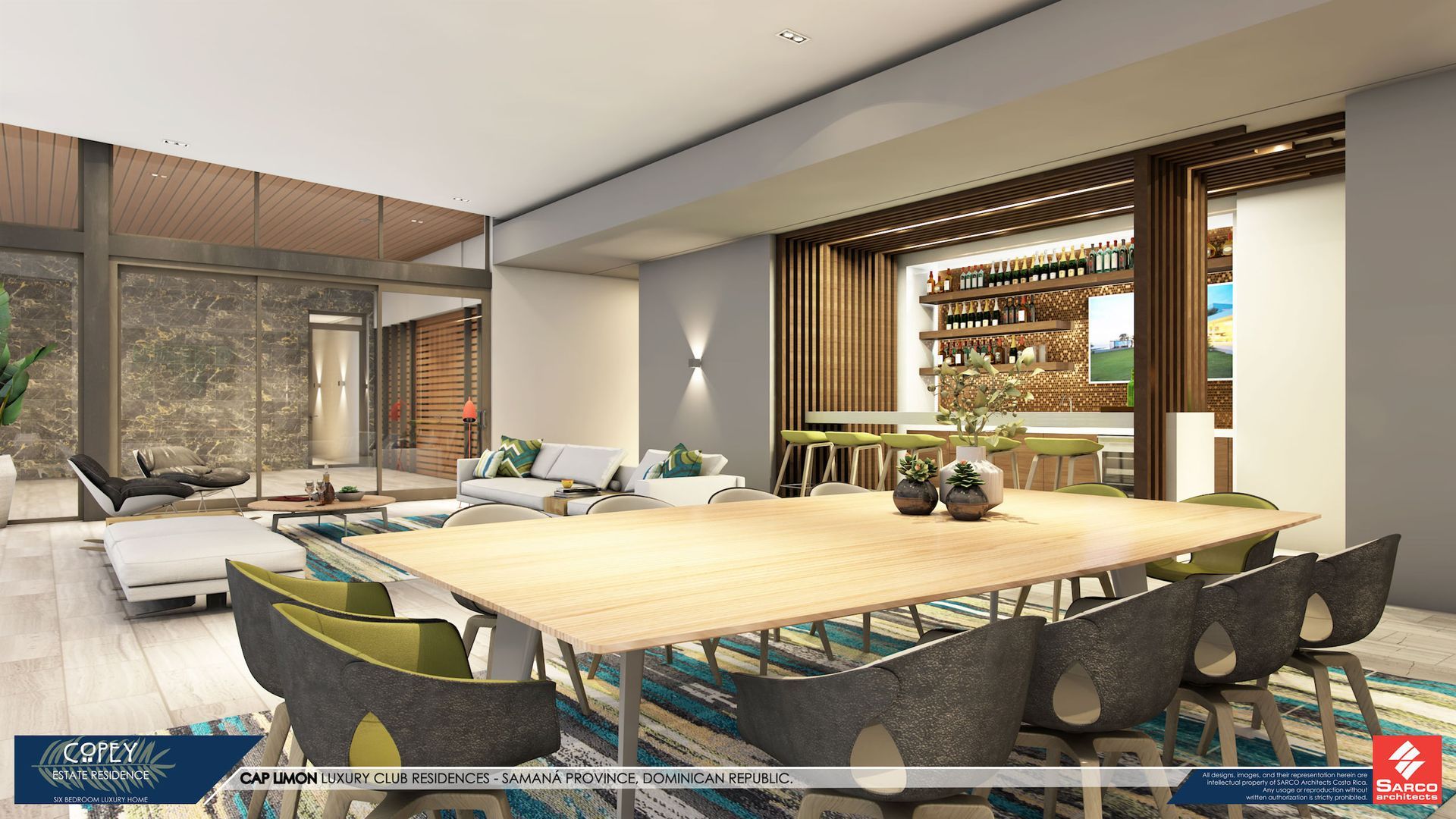 an artist 's impression of a dining room with a large table and chairs .