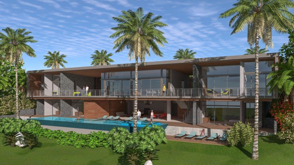 an artist 's impression of a large house with a swimming pool surrounded by palm trees .