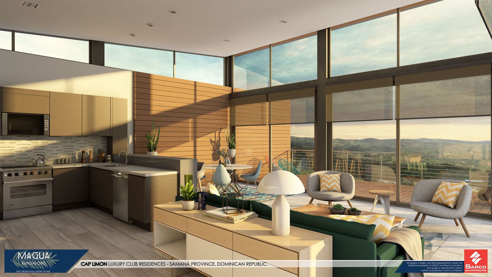 an artist 's impression of a living room and kitchen in a house .