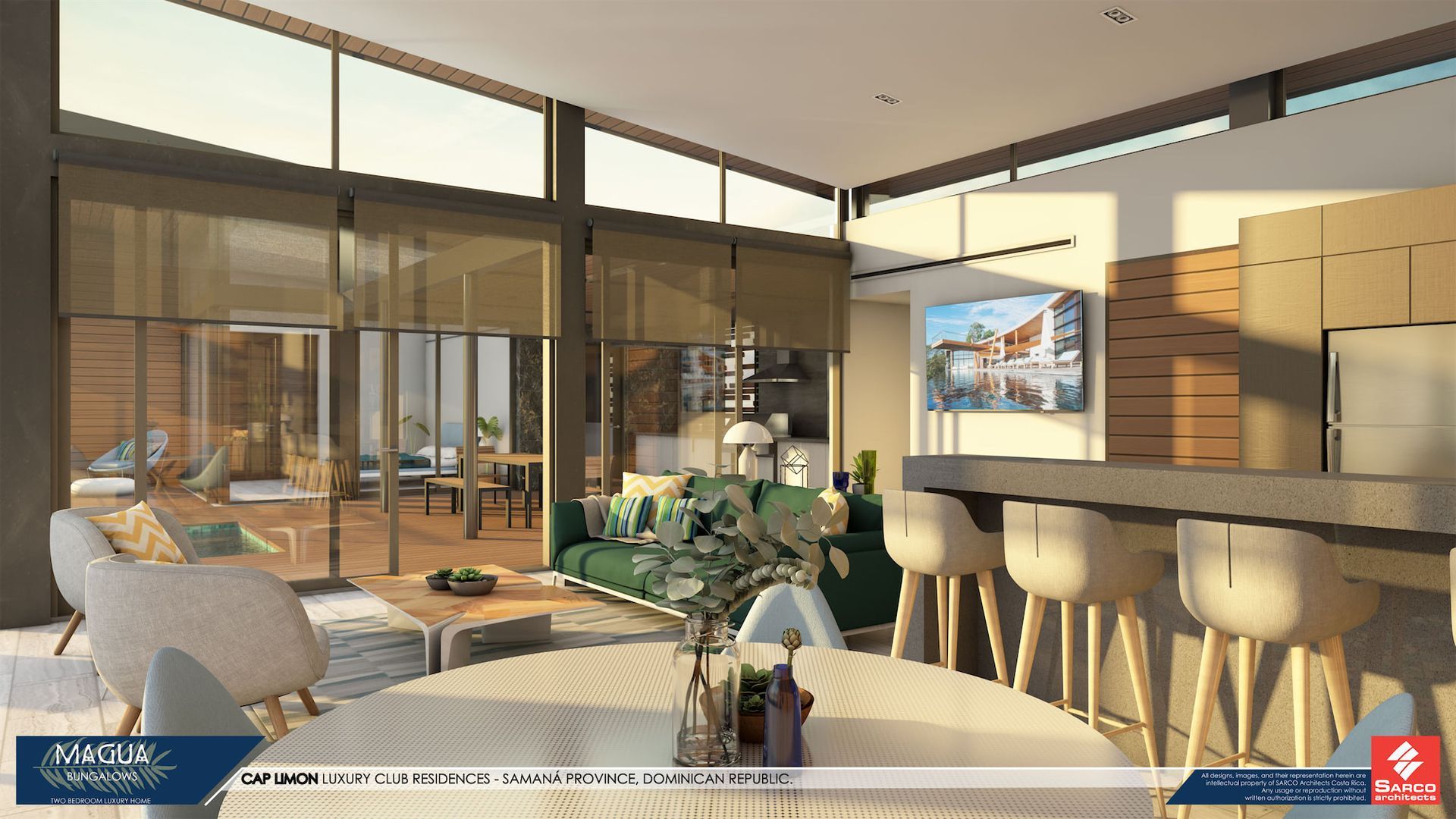 an artist 's impression of a living room and kitchen in a house .
