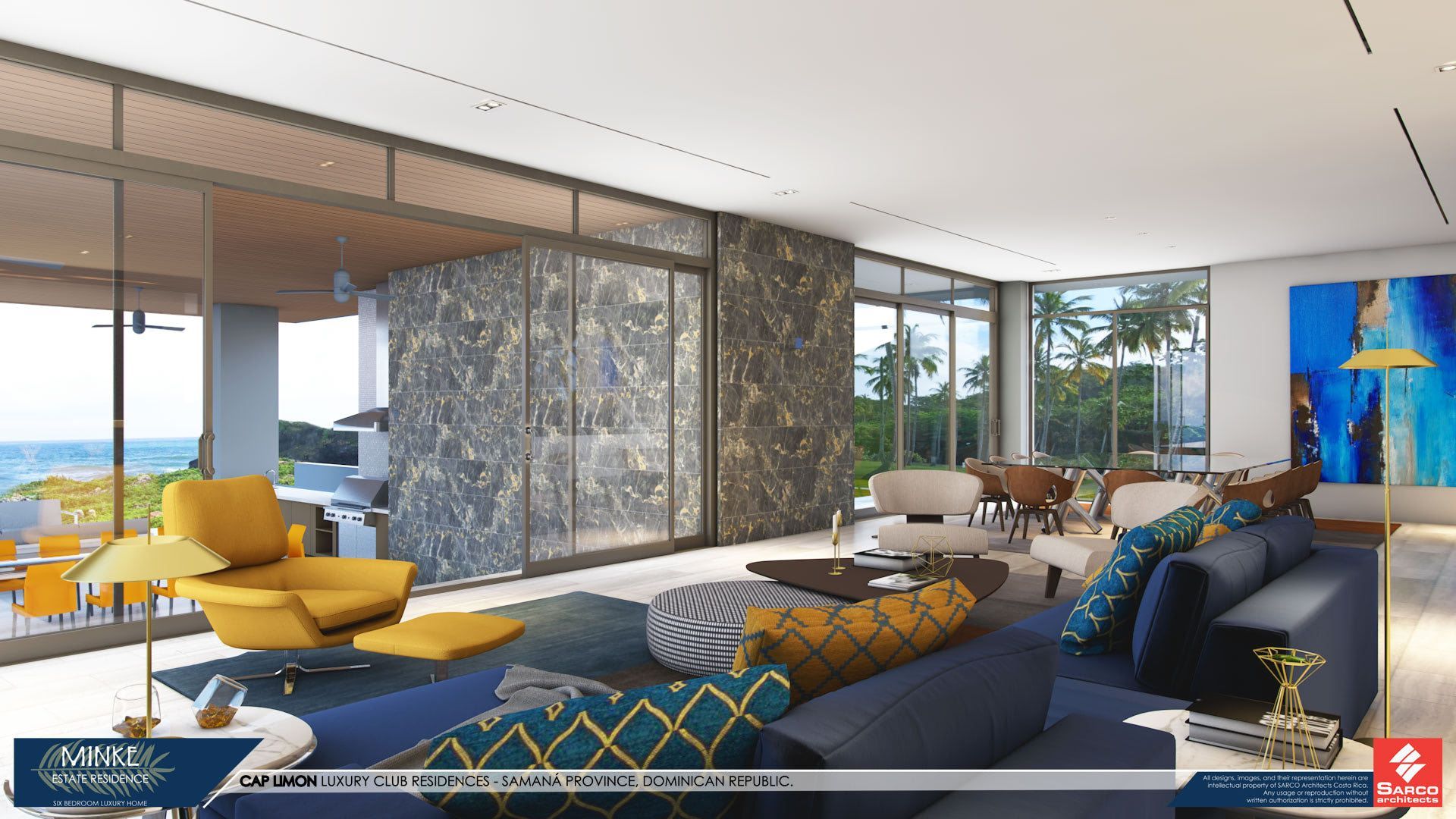 an artist 's impression of a living room with a couch and chairs .