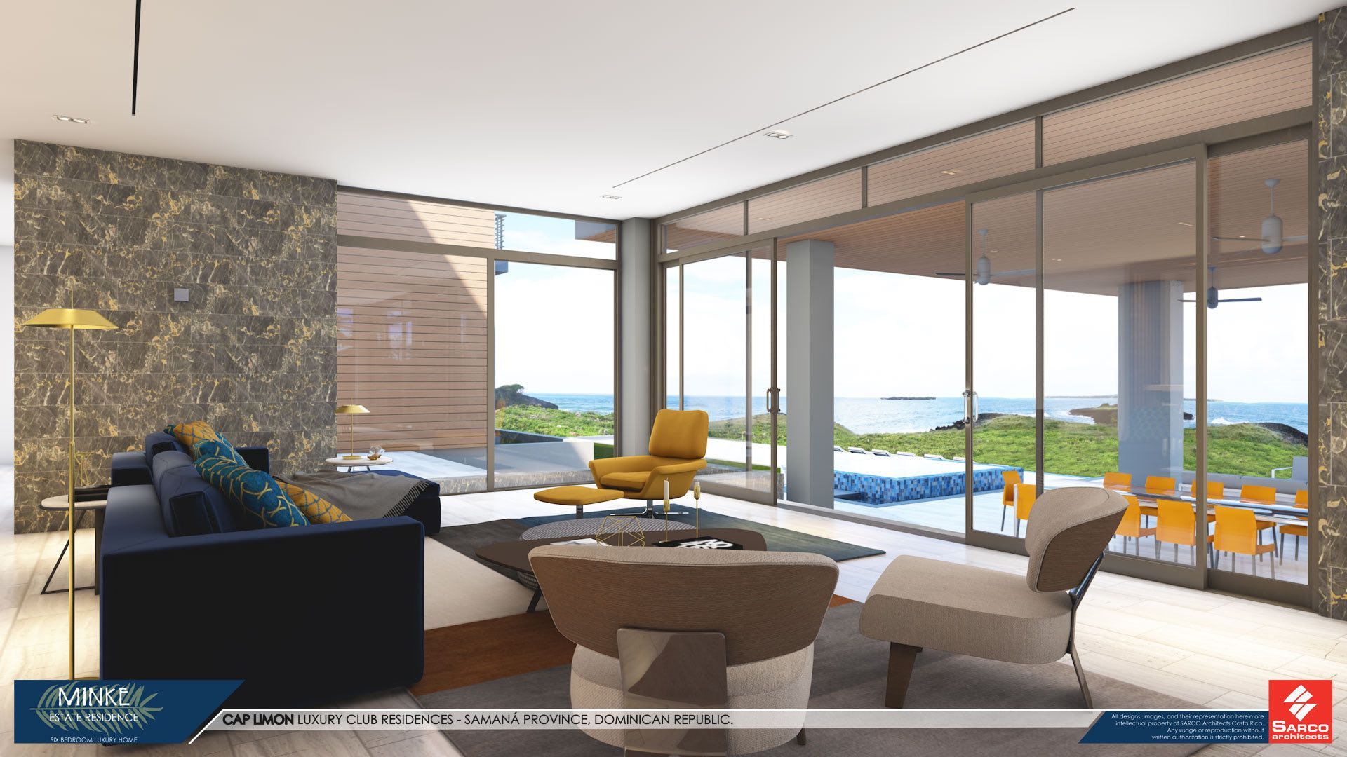 an artist 's impression of a living room with a couch and chairs