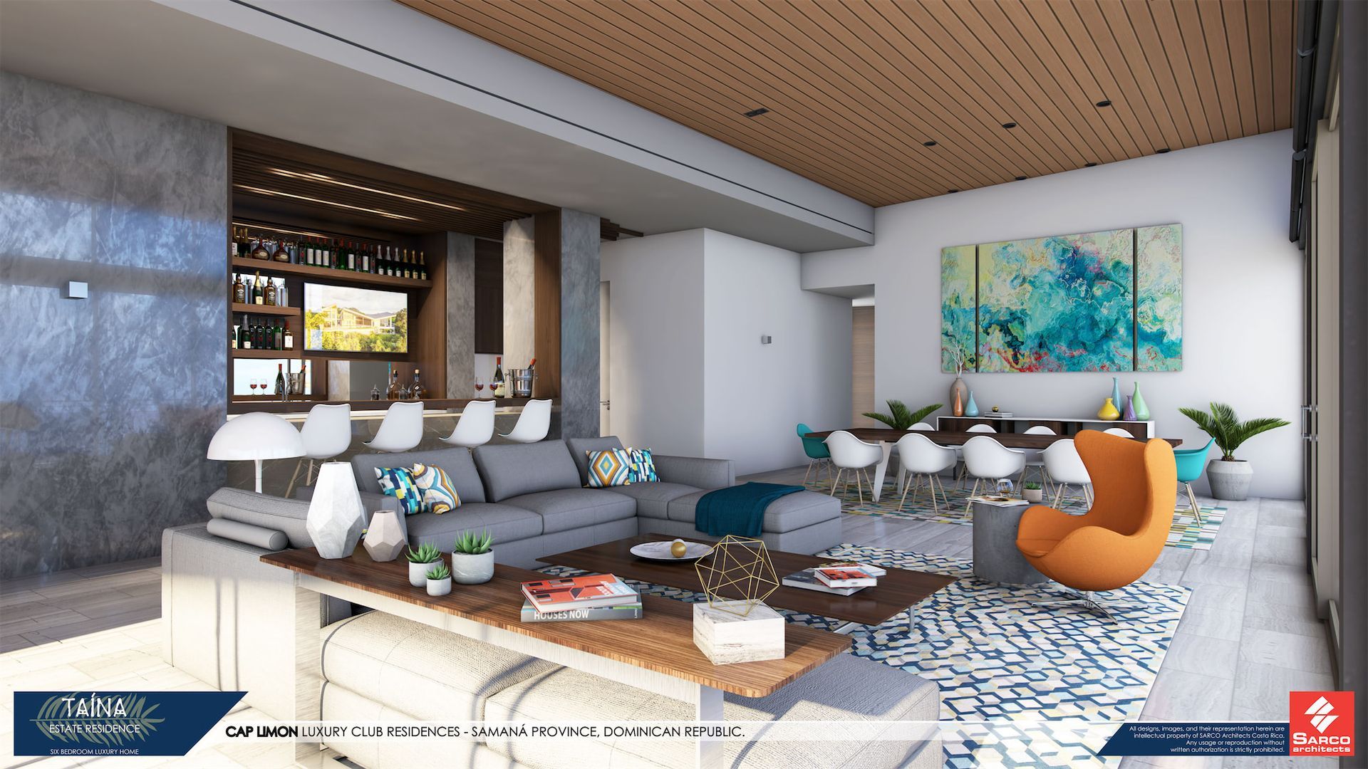 an artist 's impression of a living room with a couch and chairs