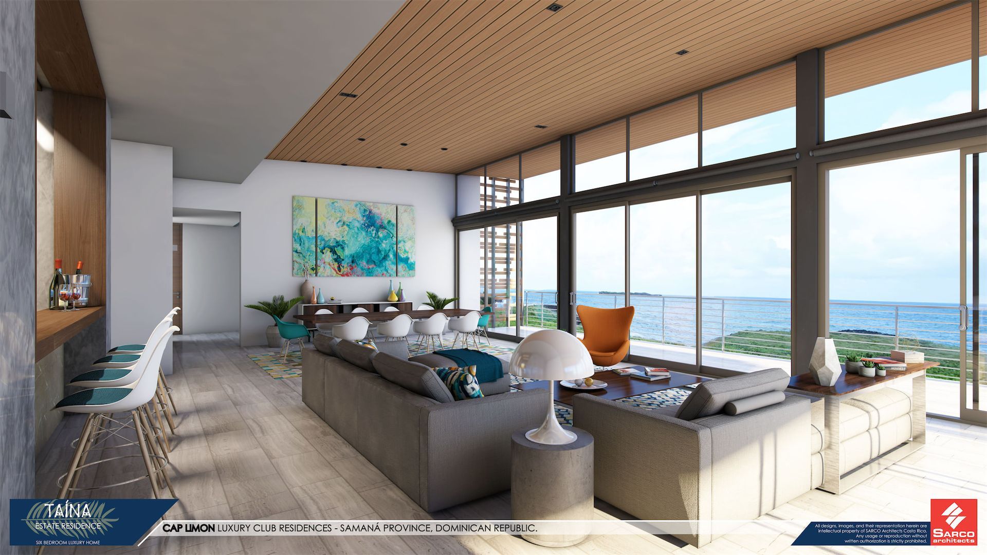 an artist 's impression of a living room with a view of the ocean .