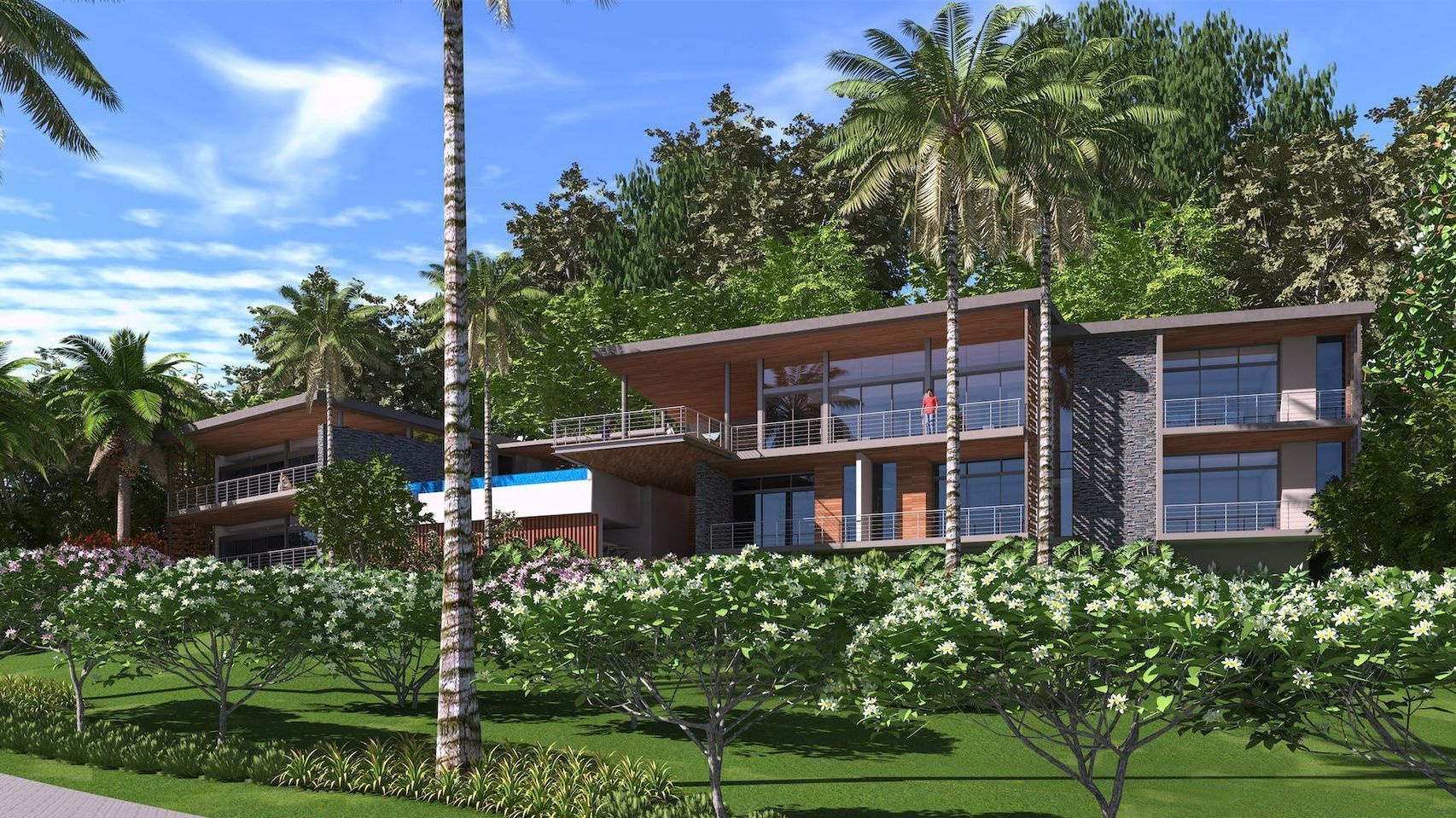 A rendering of the cap limon resort in costa rica surrounded by palm trees