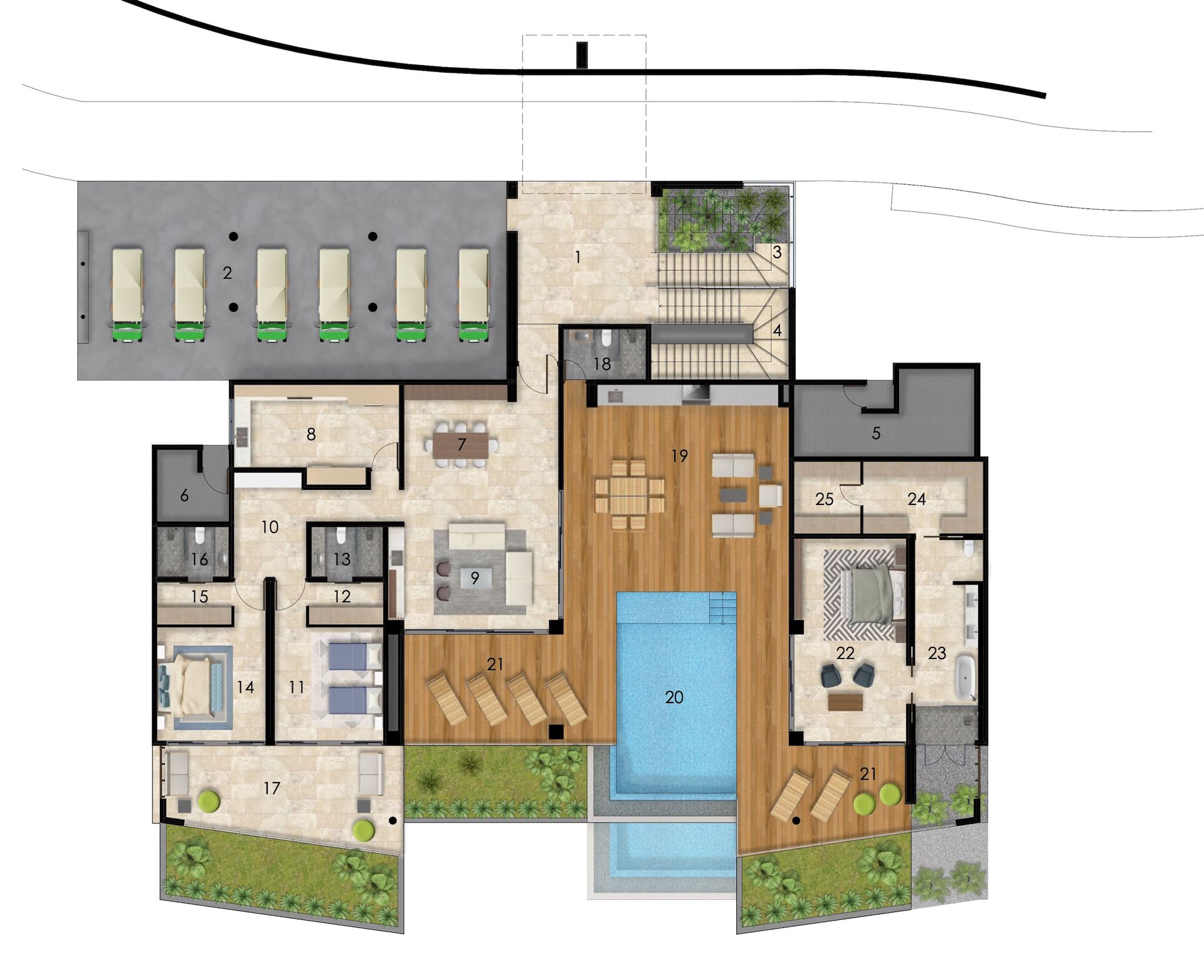 a floor plan of a house with a swimming pool