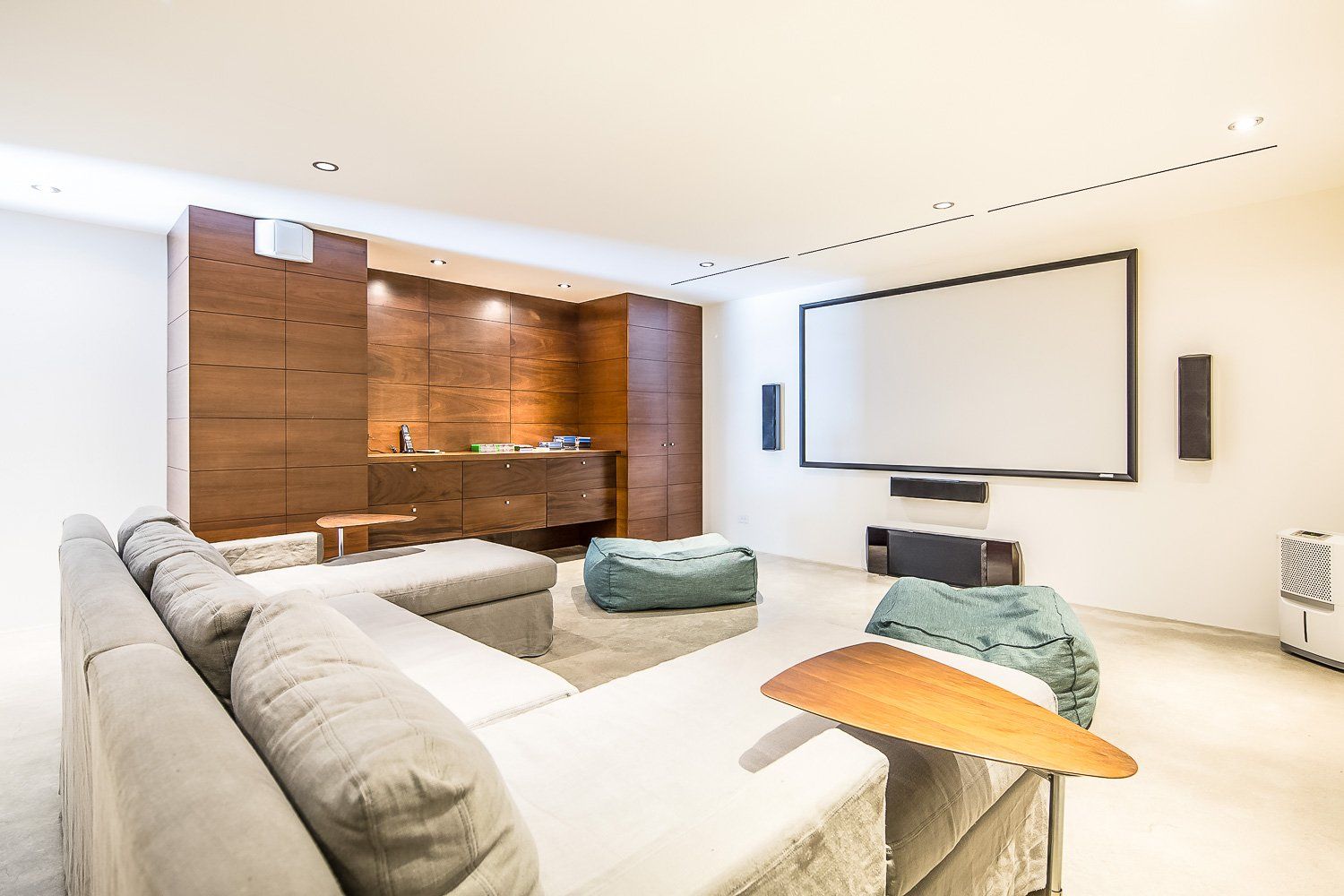 a living room with a couch and a projector screen .