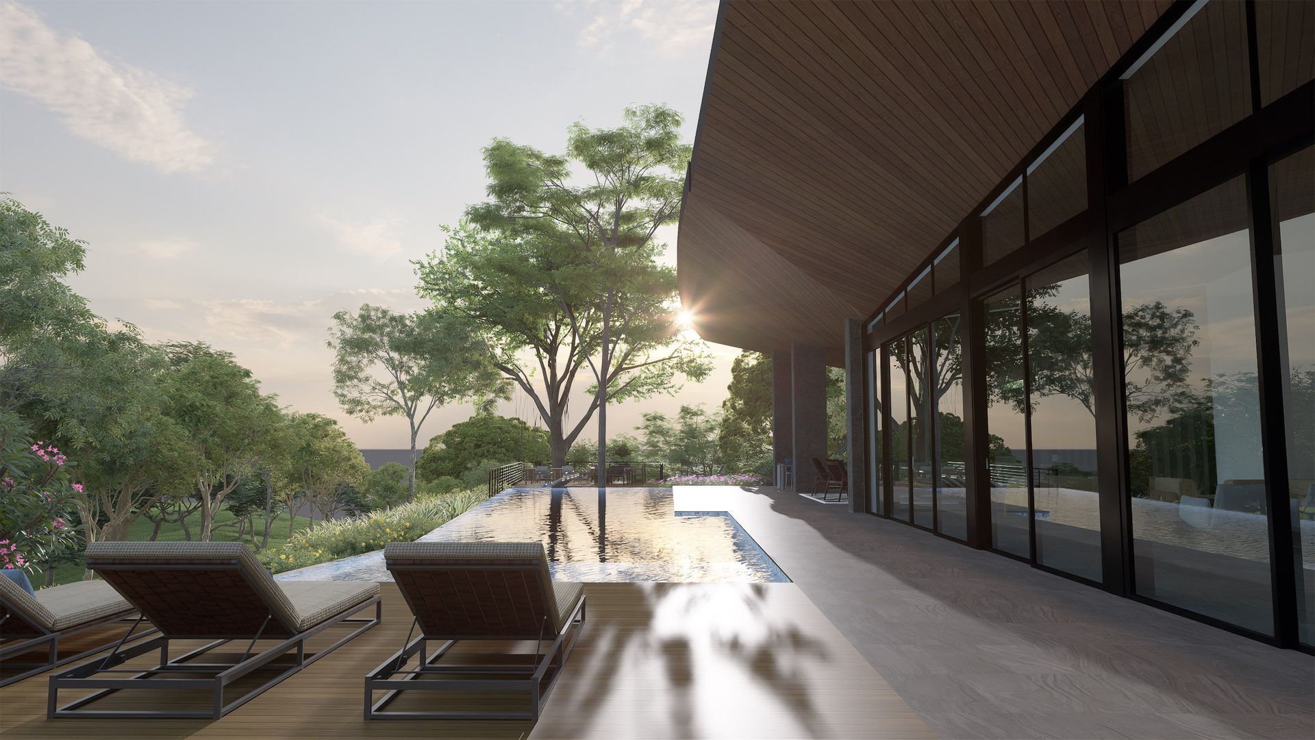 A rendering of a house in costa rica by Sarco Architects with a swimming pool and lounge chairs