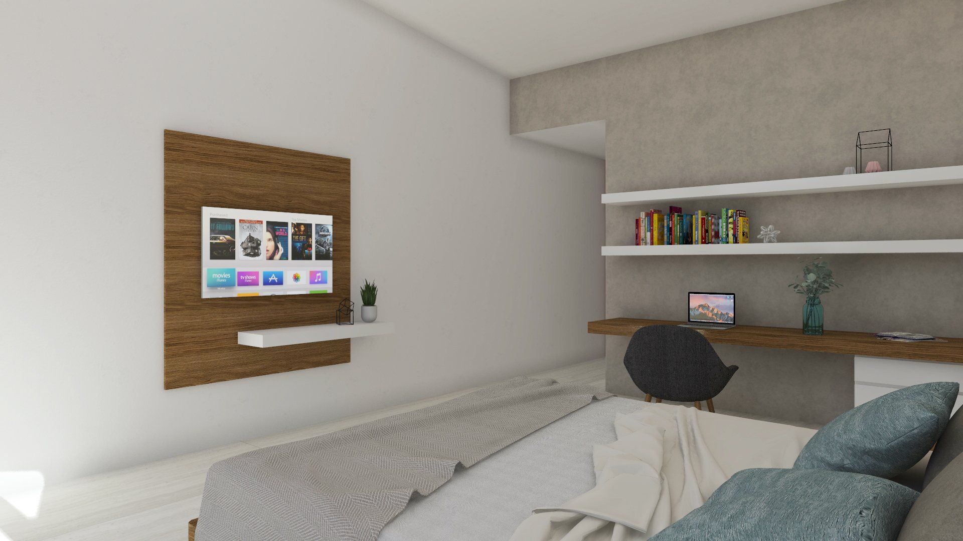 a bedroom with a bed , desk and television on the wall .