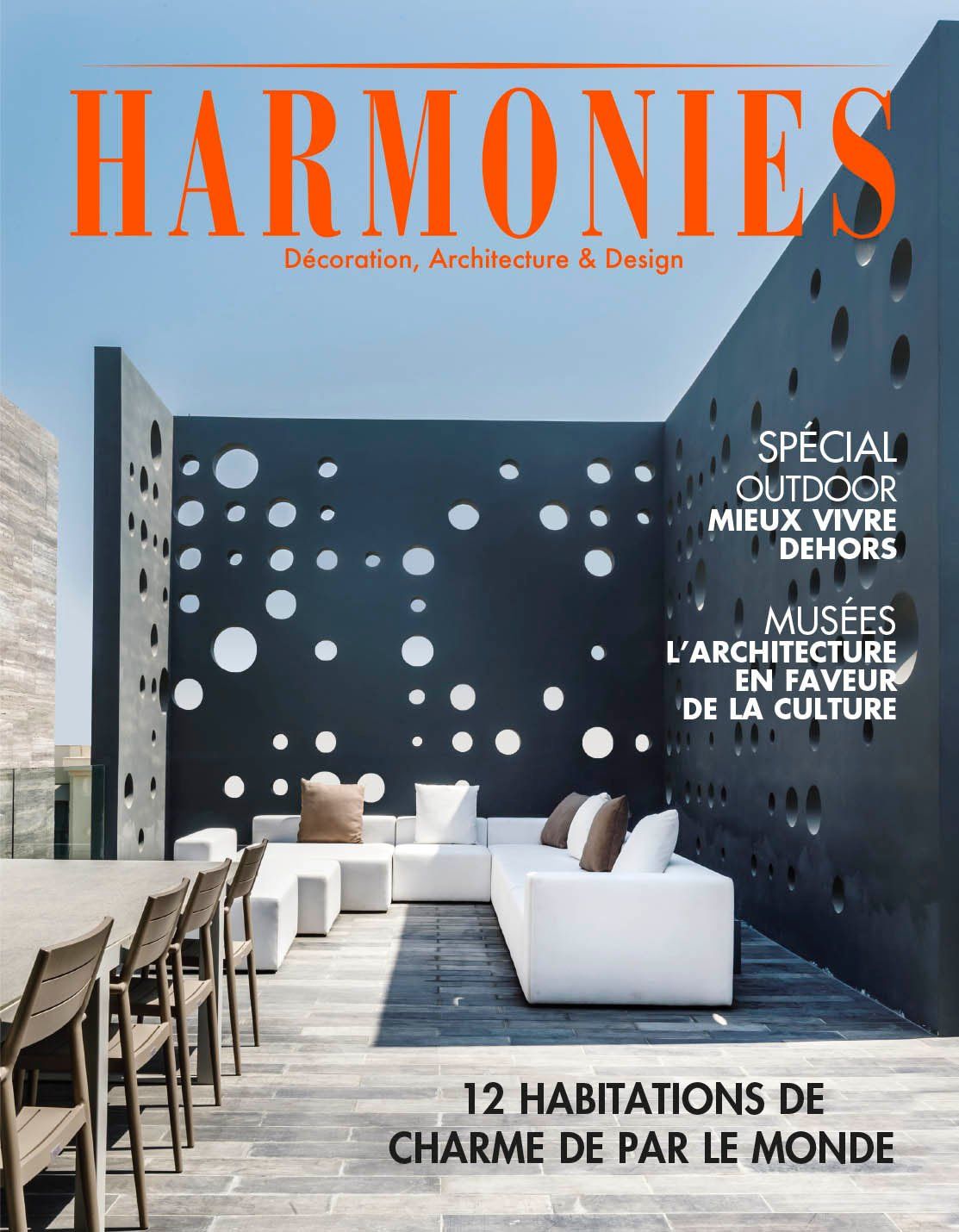 the cover of a magazine called harmonies features a patio area