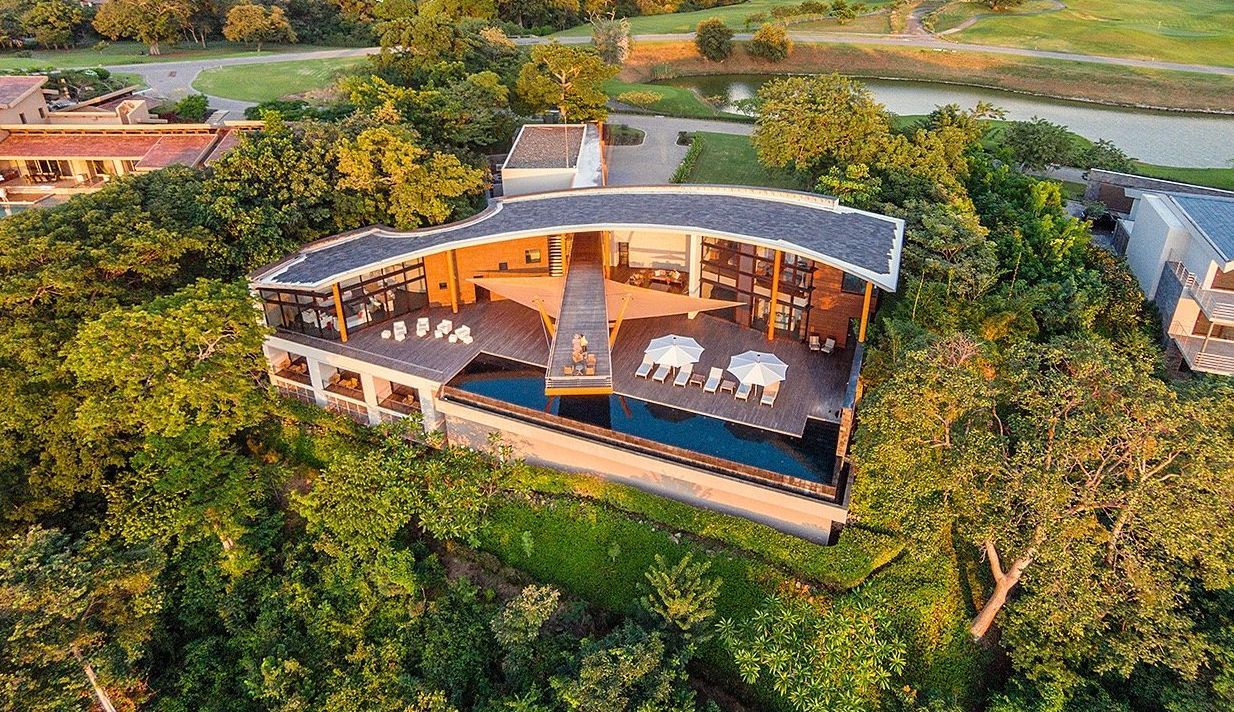 aerial view of luxury home surrounded by trees