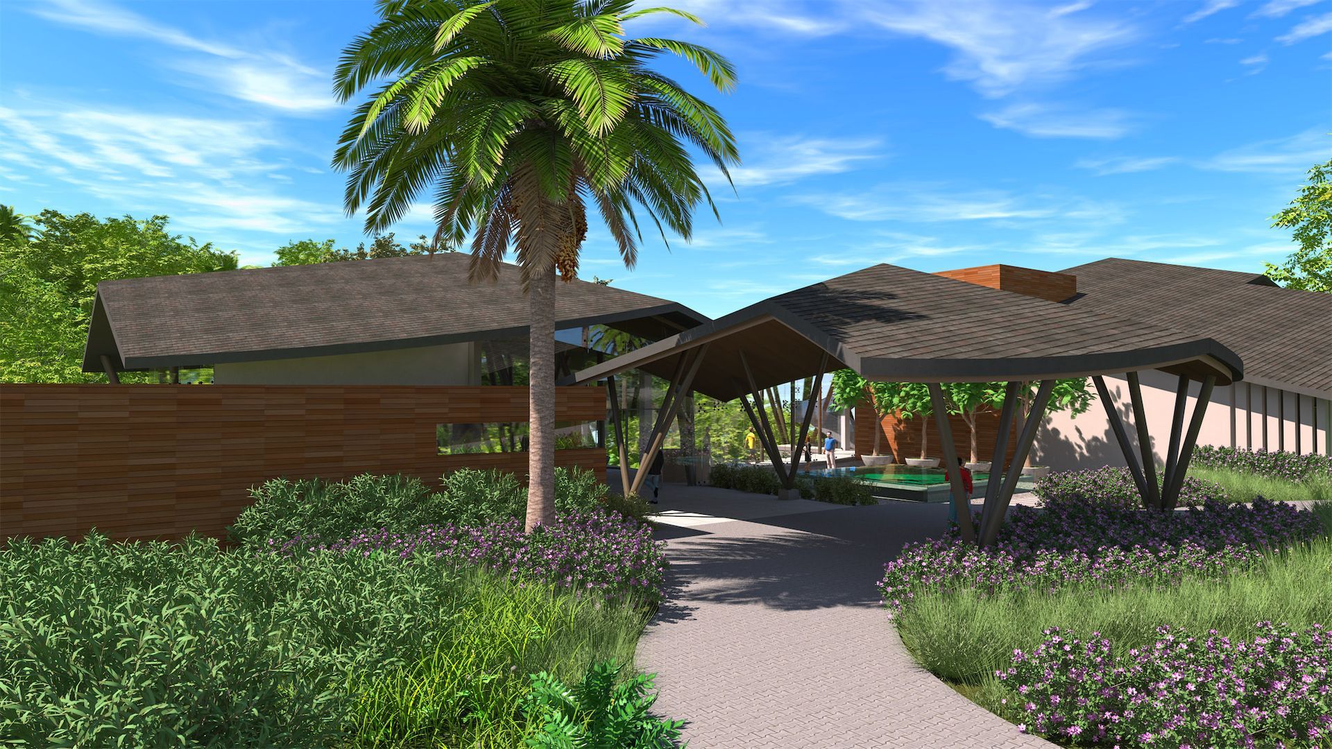 an artist 's impression of a house with a palm tree in front of it .