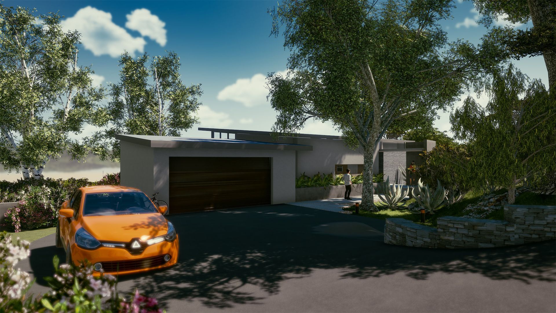 an orange car is parked in front of a house .